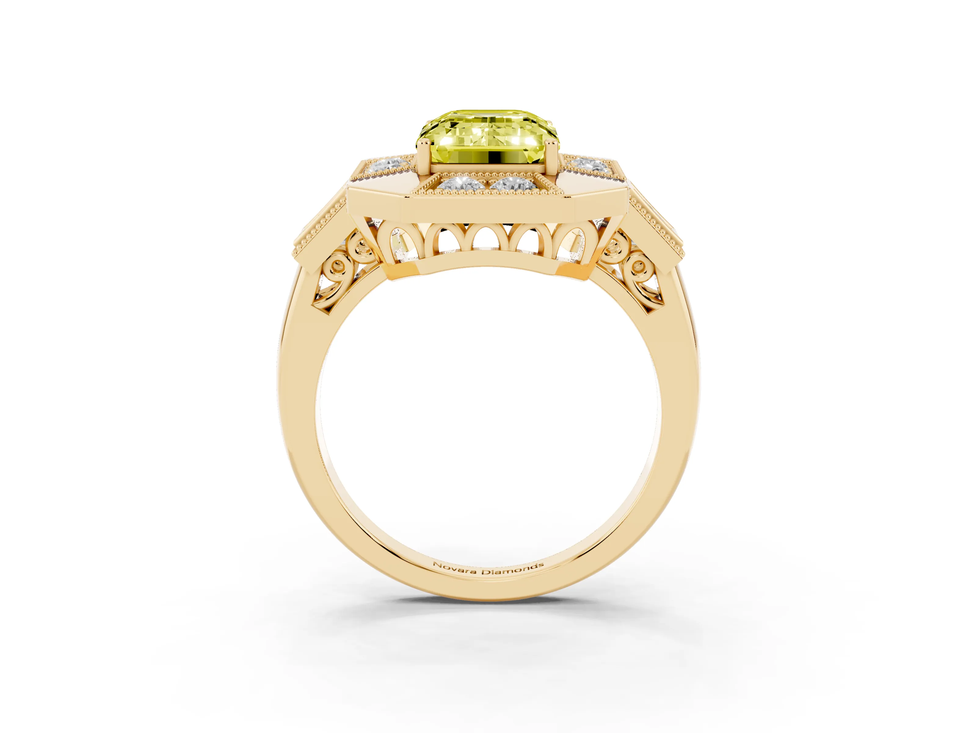 Fancy Yellow Emerald Cut Diamond Milgrain Halo Ring Set in Yellow gold with Split Shank
