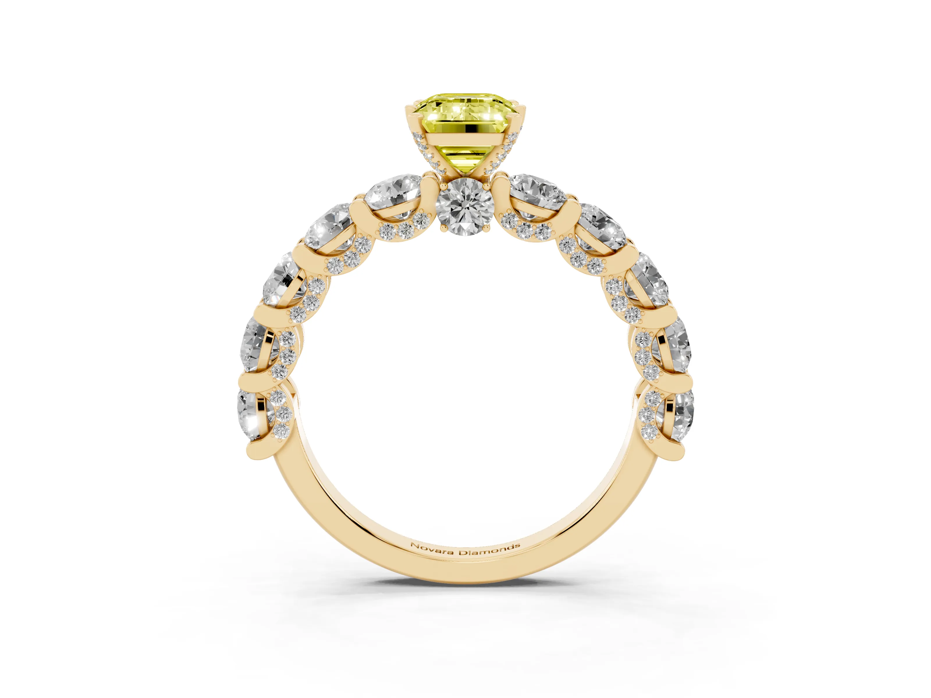 Fancy Yellow Emerald Cut Diamond Side Stone Ring Set in Yellow gold with Alternating Round and Oval Side Stones