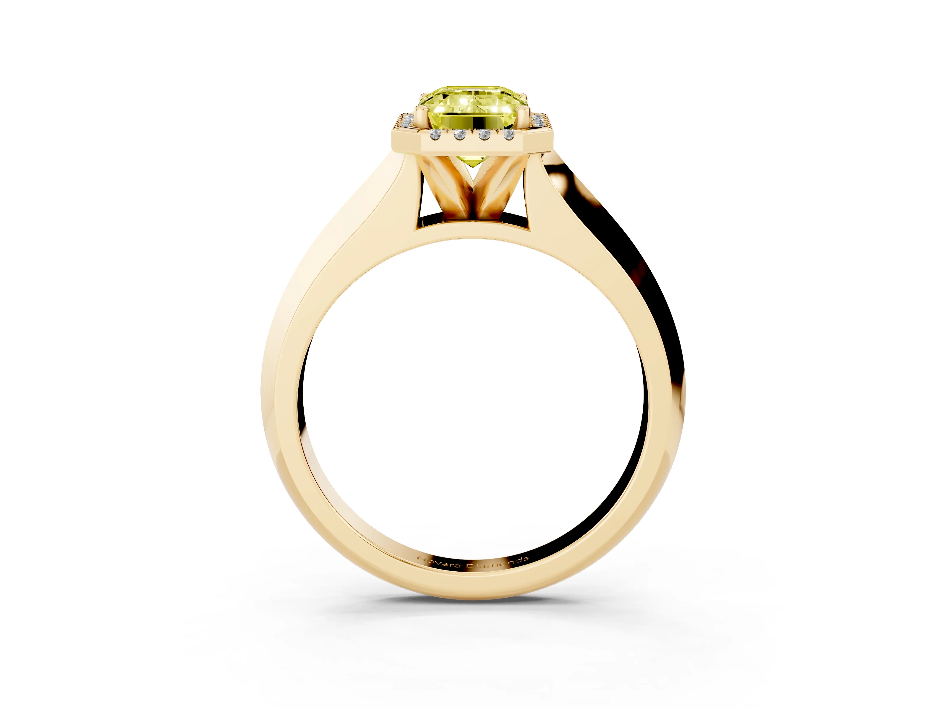 Fancy Yellow Emerald Cut Diamond Halo Ring Set in Yellow gold with Cathedral Band and Prong Setting