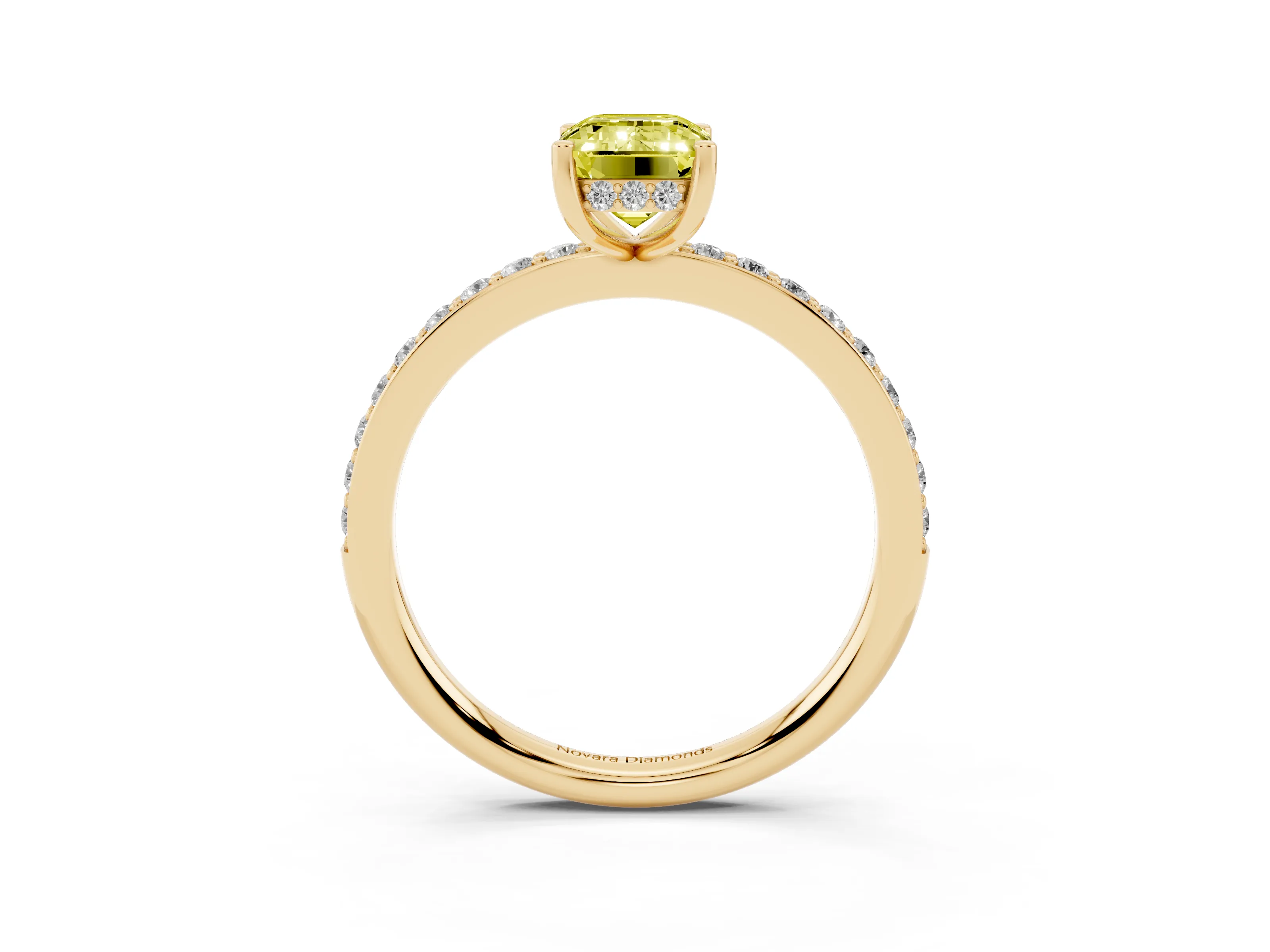 Fancy Yellow Emerald Cut Diamond Pavé Band Ring Set in Yellow gold with Prong-Set Center Stone