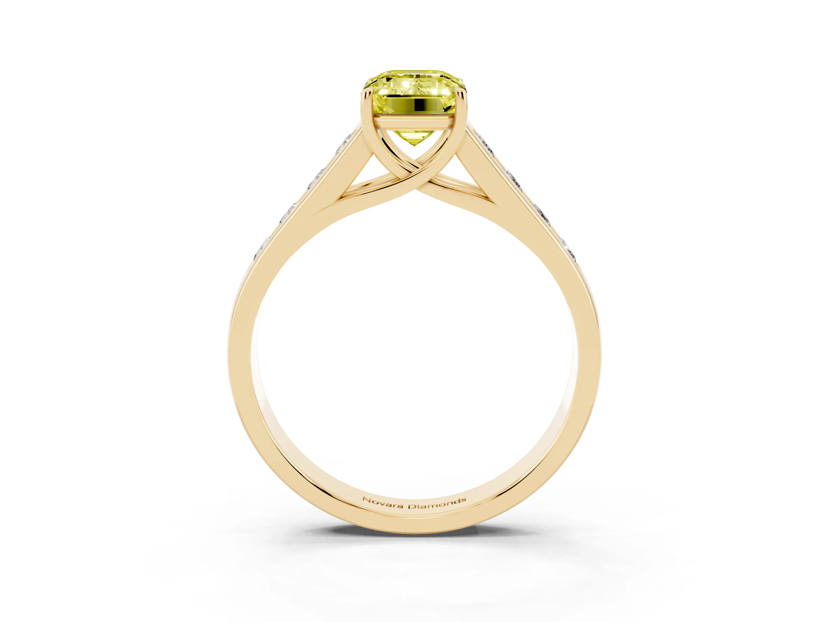 Fancy Yellow Emerald Cut Diamond Brilliant Channel-Set Solitaire Ring Set in Yellow gold with Prong Setting