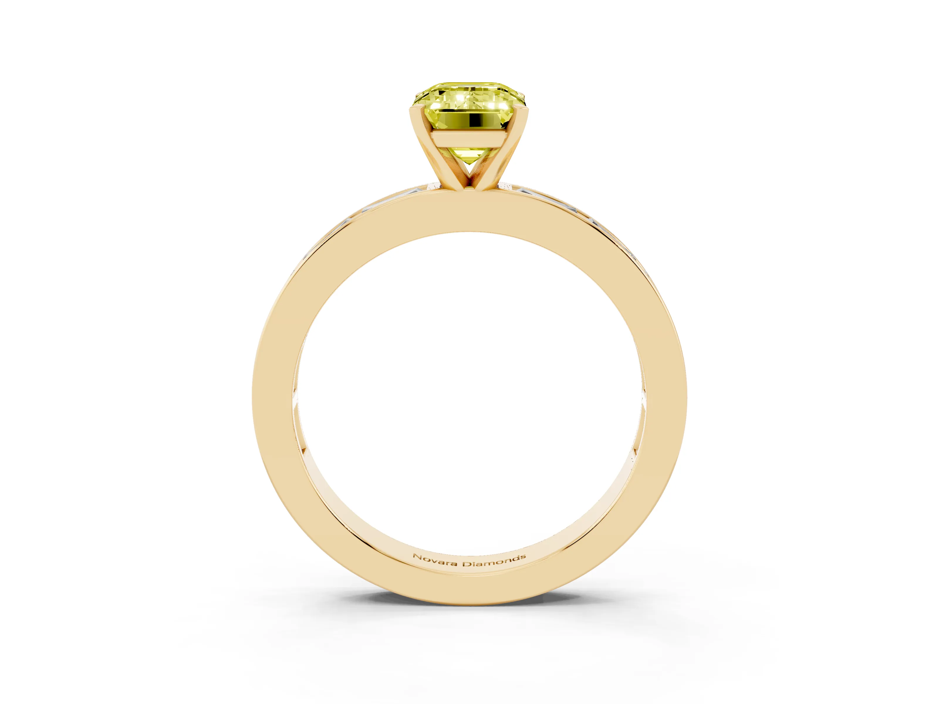 Fancy Yellow Emerald Cut Diamond Solitaire Ring Set in Yellow gold with Channel-Set Baguette Band and Prong Setting