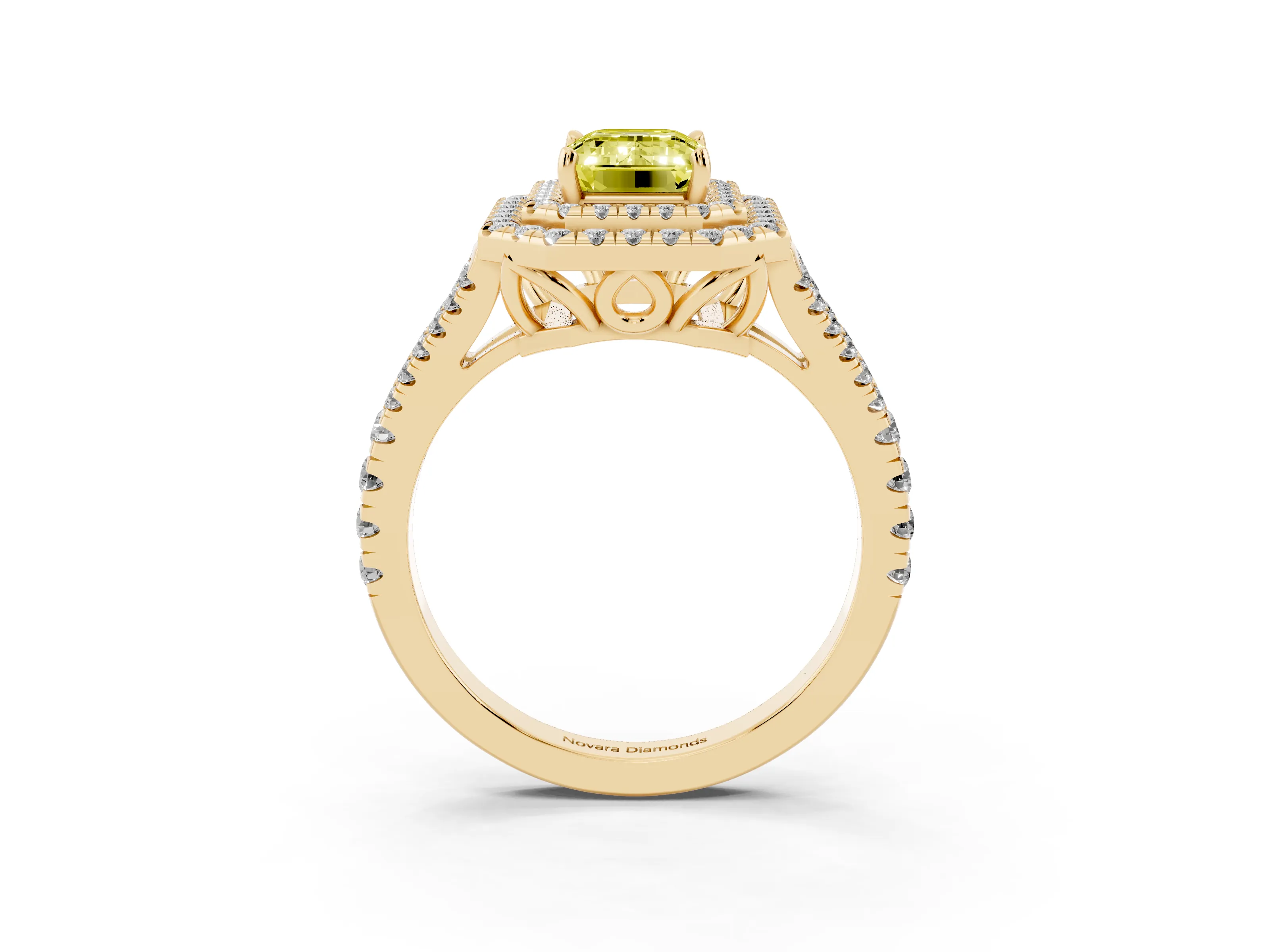 Fancy Yellow Emerald Cut Diamond Double Halo Ring Set in Yellow gold with Pavé Band
