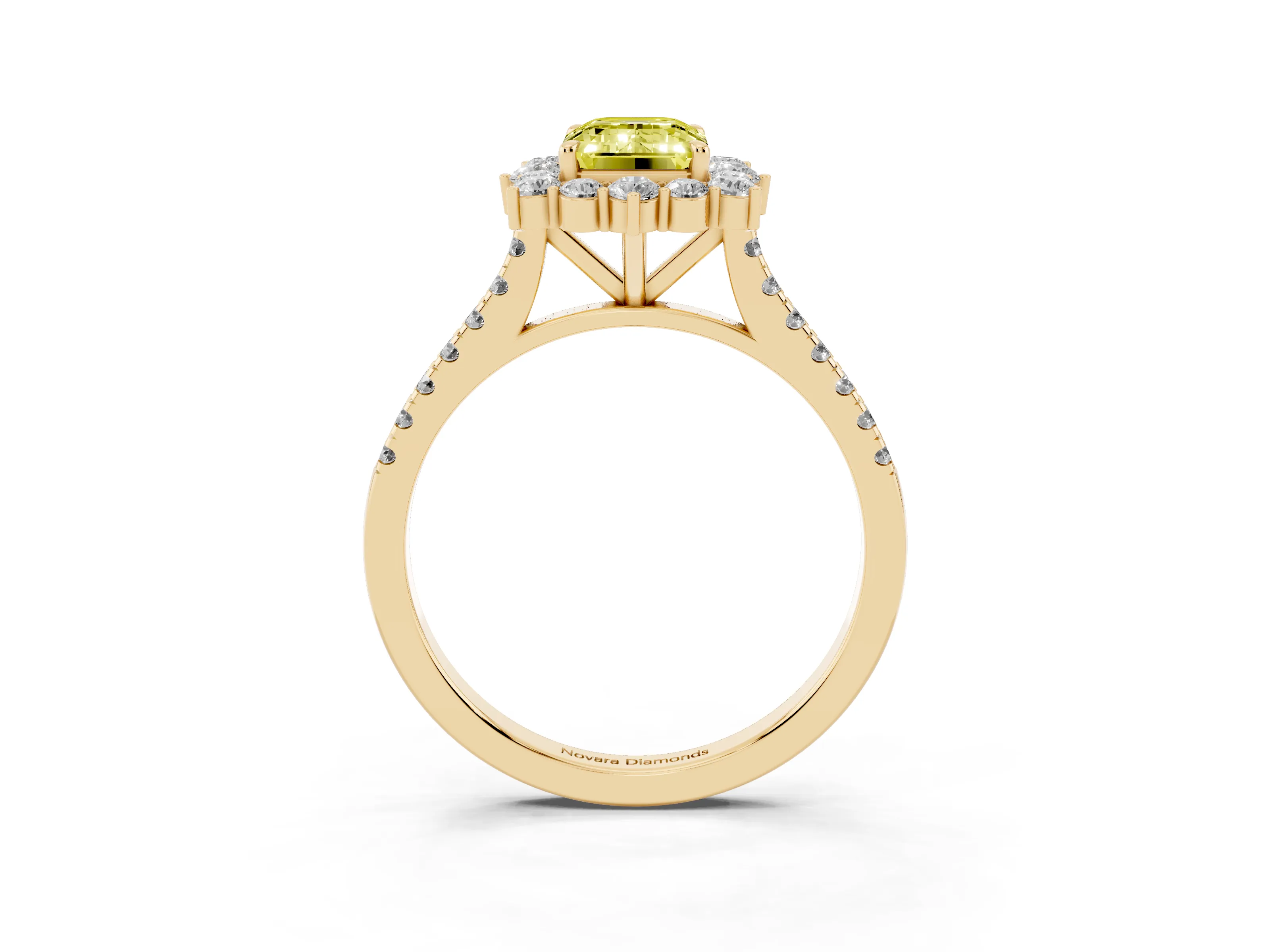 Fancy Yellow Emerald Cut Diamond Halo Ring Set in Yellow gold with Pavé Band and Prong Setting