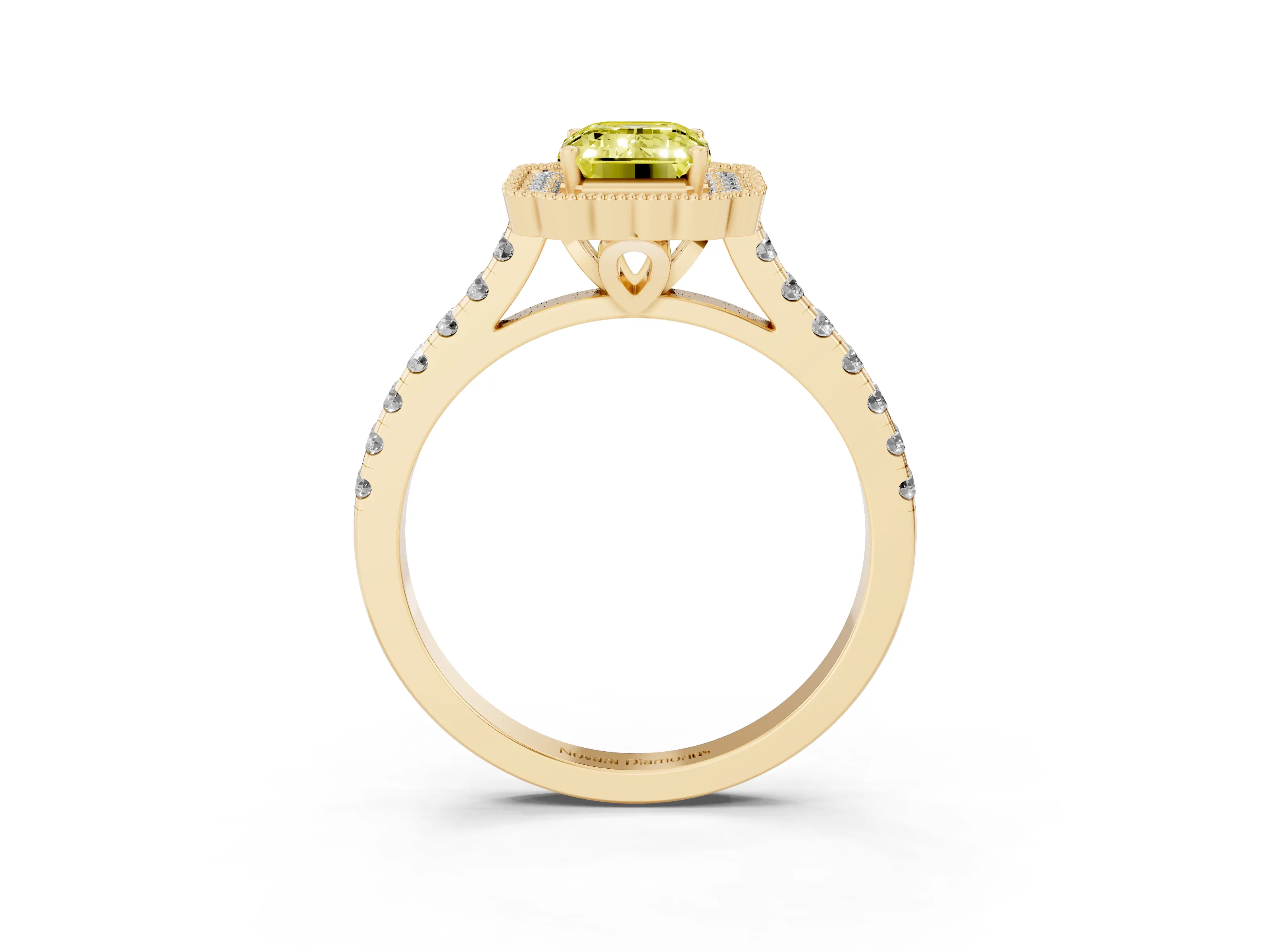 Fancy Yellow Emerald Cut Diamond Milgrain Floral Halo Engagement Ring Set in Yellow gold with Pavé Band