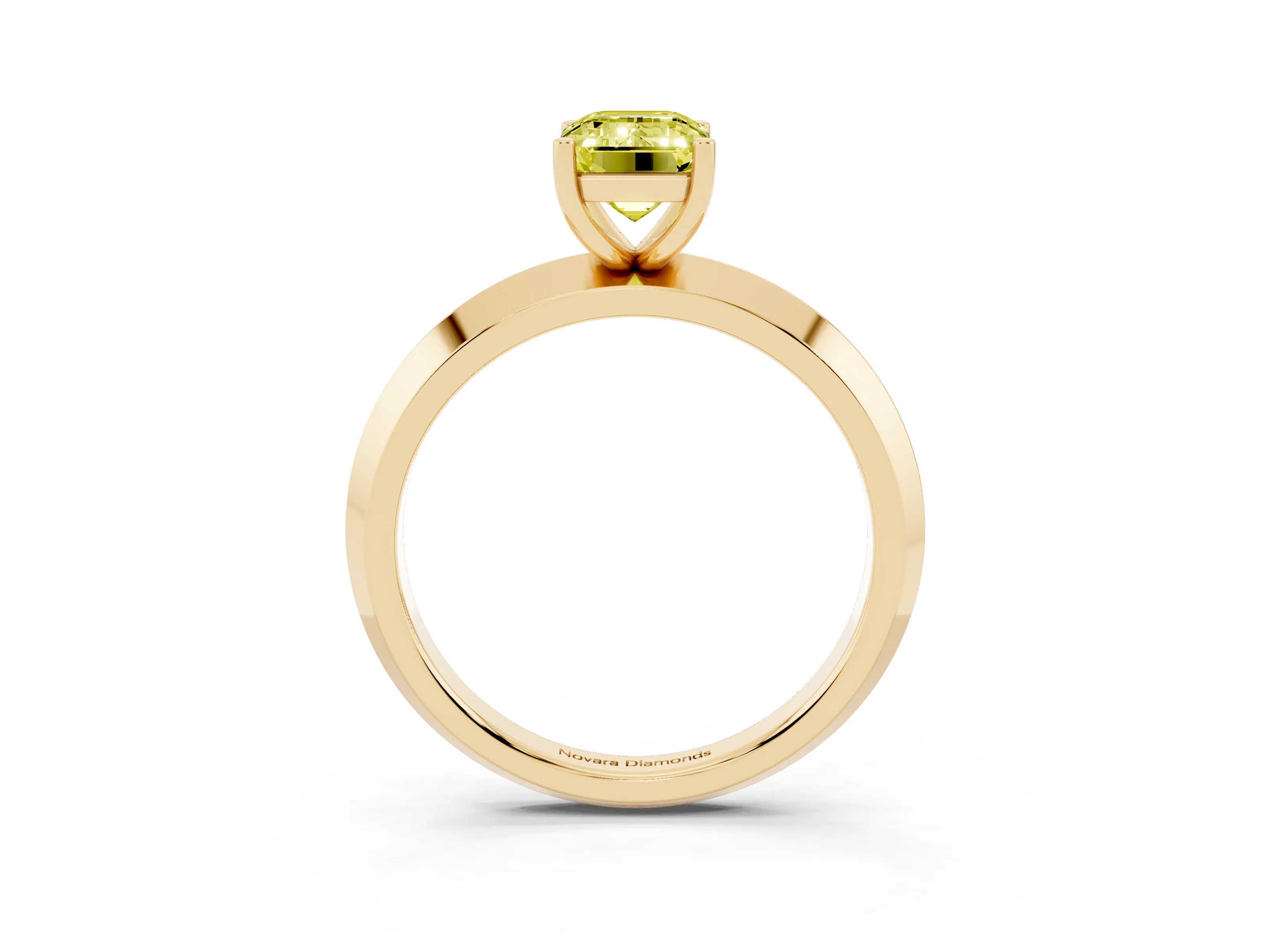 Fancy Yellow Emerald Cut Diamond Solitaire Engagement Ring Set in Yellow gold with Flat Band and Prong Setting