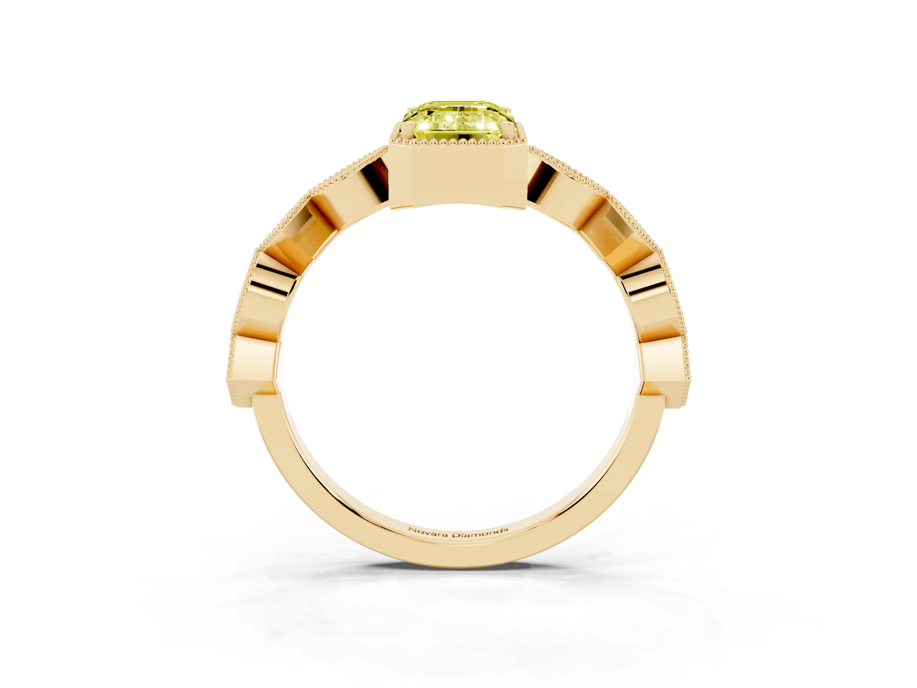 Fancy Yellow Emerald Cut Diamond Milgrain Marquise Twist Band Ring Set in Yellow gold with Prong Setting