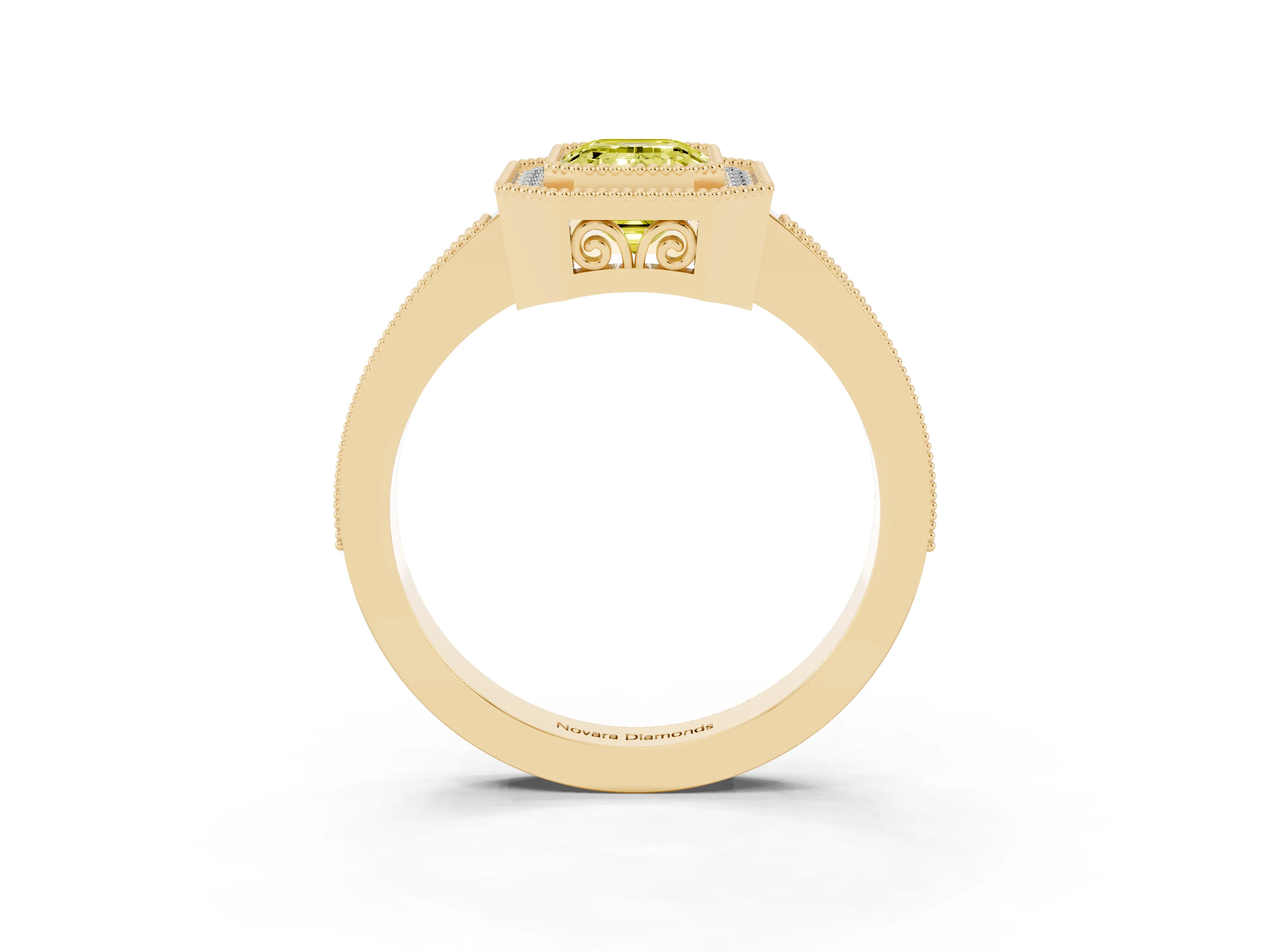 Fancy Yellow Emerald Cut Diamond Halo Ring Set in Yellow gold with Pavé Band and Milgrain-Edged Prongs