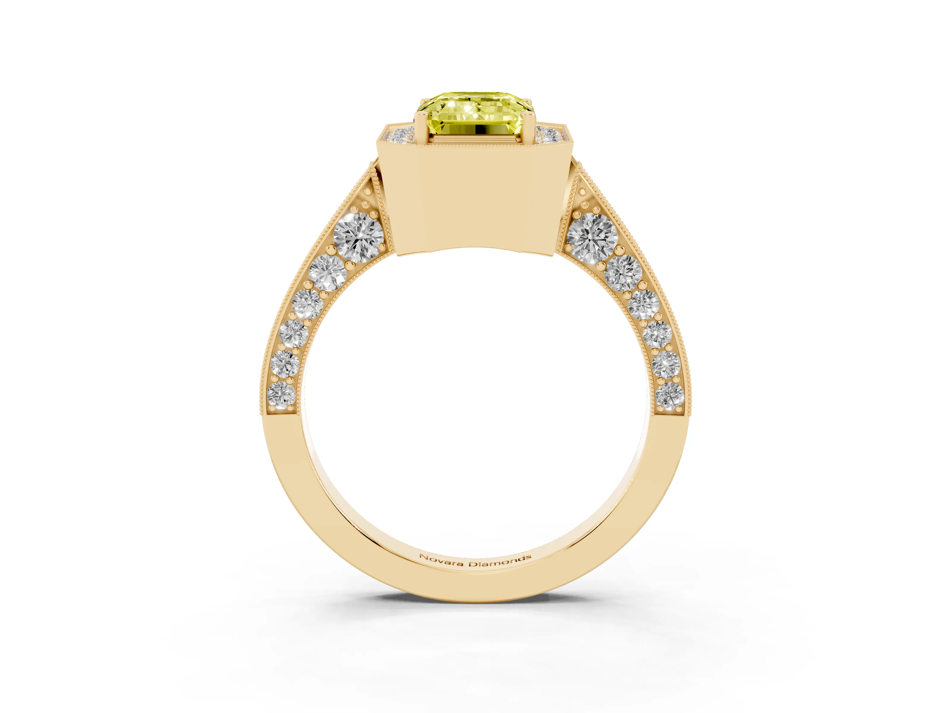 Fancy Yellow Emerald Cut Diamond Halo Engagement Ring Set in Yellow gold with Accent Split Shank Band