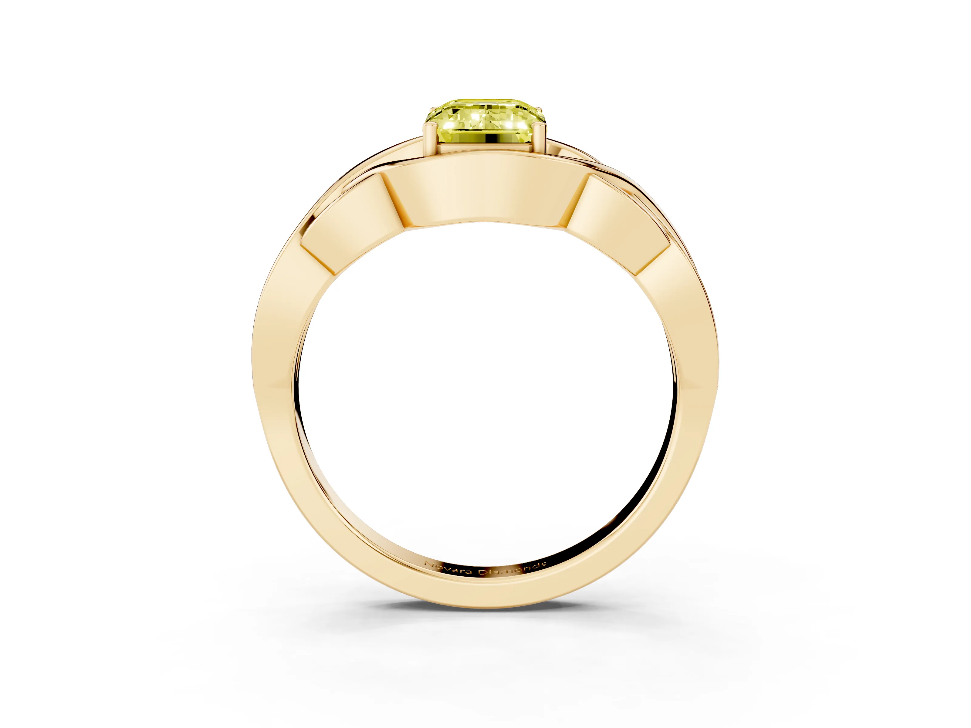 Fancy Yellow Emerald Cut Diamond Solitaire Ring Set in Yellow gold with Intertwined Band