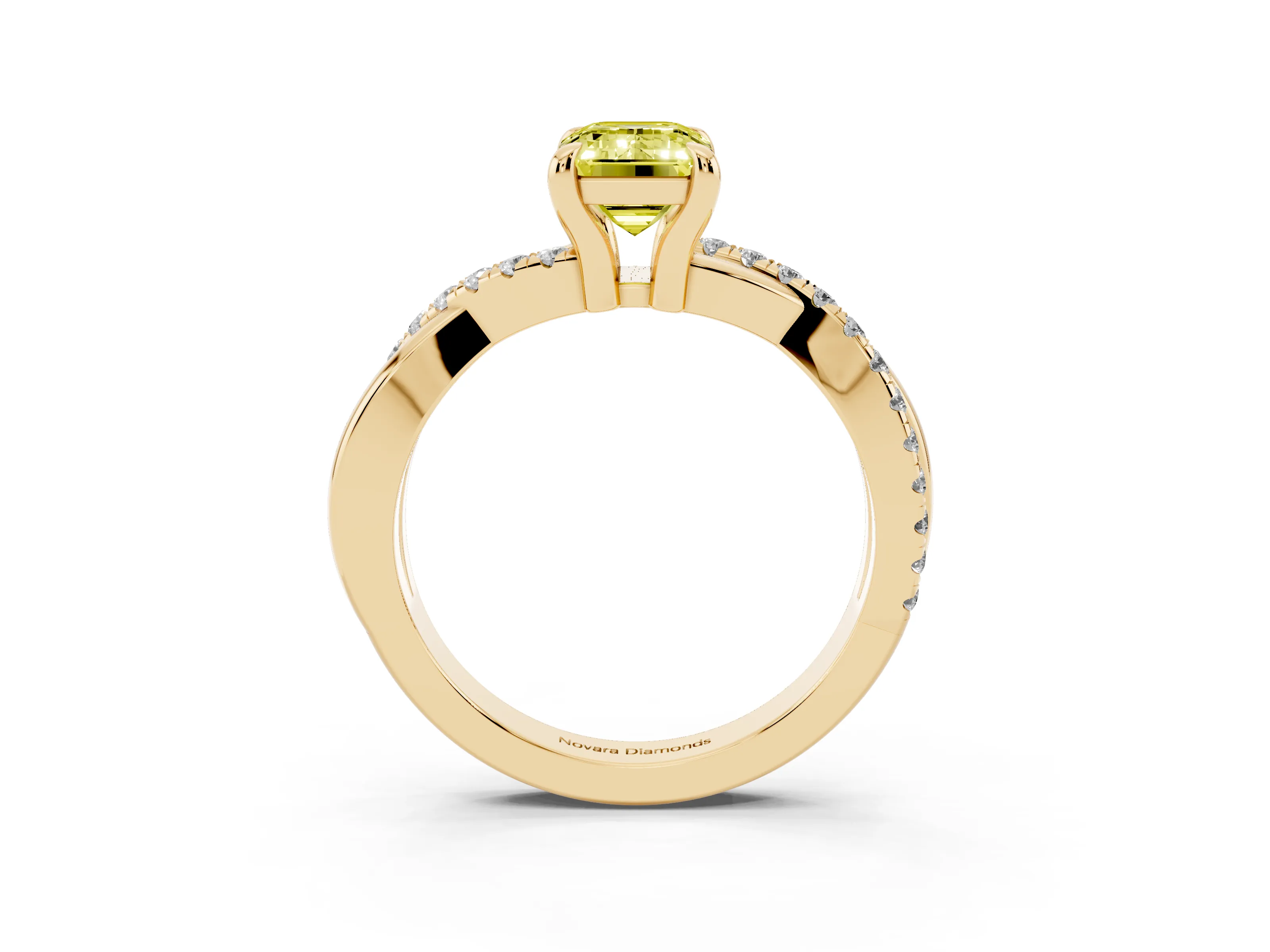 Fancy Yellow Emerald Cut Diamond Twist Band Solitaire Set in Yellow gold with Pavé Accents and Prong Setting