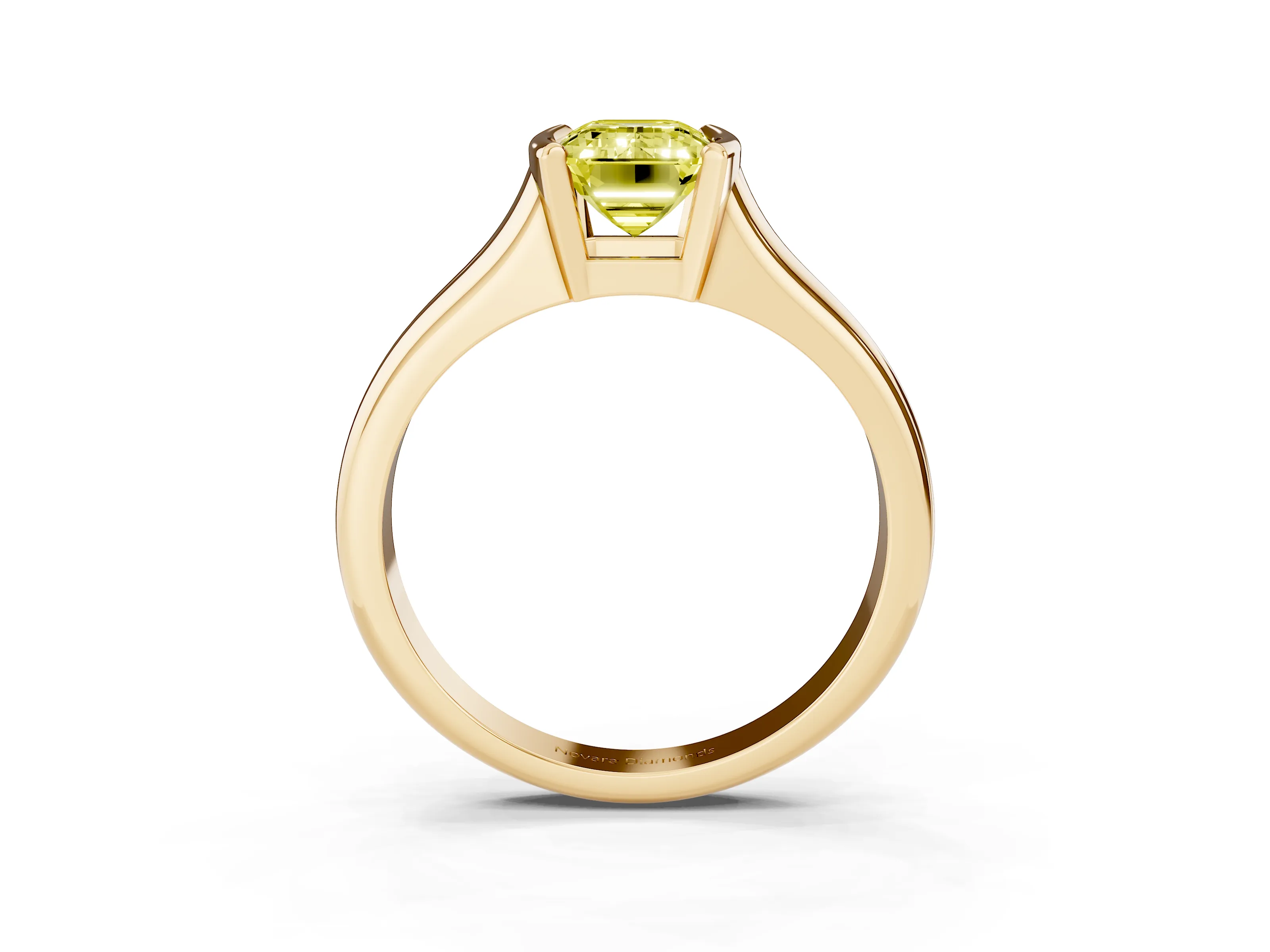 Fancy Yellow Emerald Cut Diamond Solitaire Tension Set Ring Set in Yellow gold with Split Shank Band
