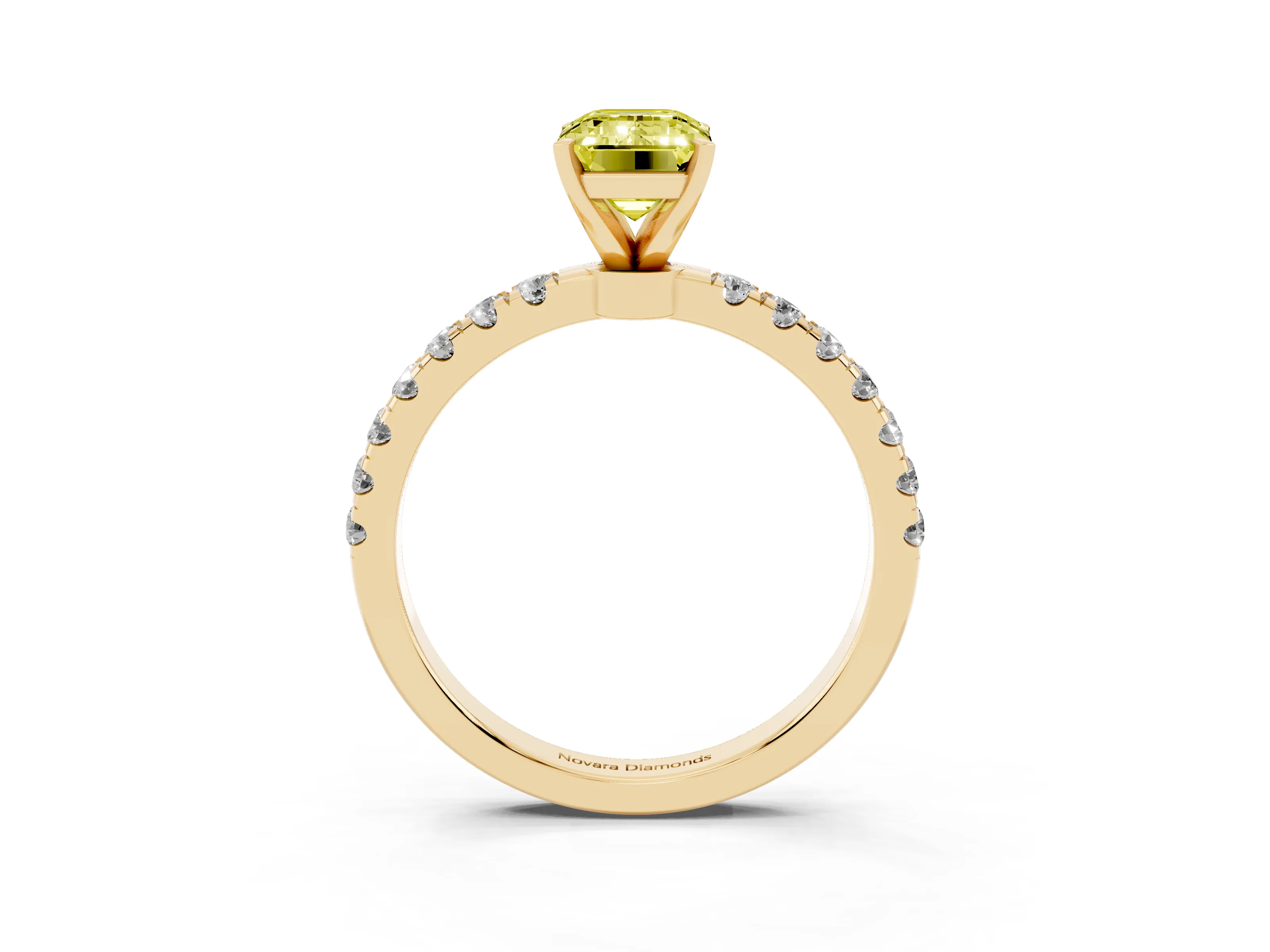 Fancy Yellow Emerald Cut Diamond Solitaire Ring Set in Yellow gold with Pavé Accents and Prong Setting