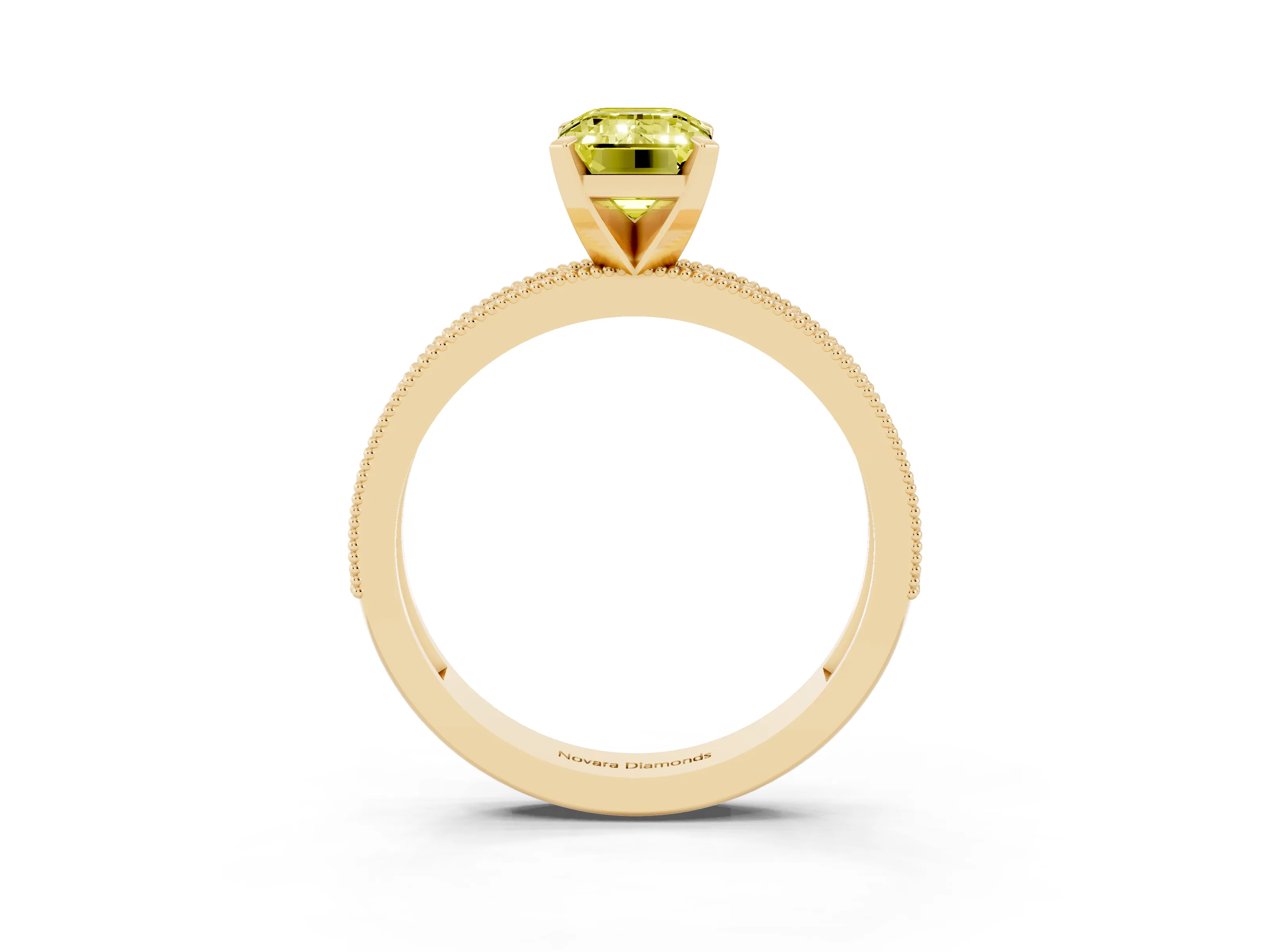 Fancy Yellow Emerald Cut Diamond Milgrain Pavé Engagement Ring Set in Yellow gold with Prong Setting