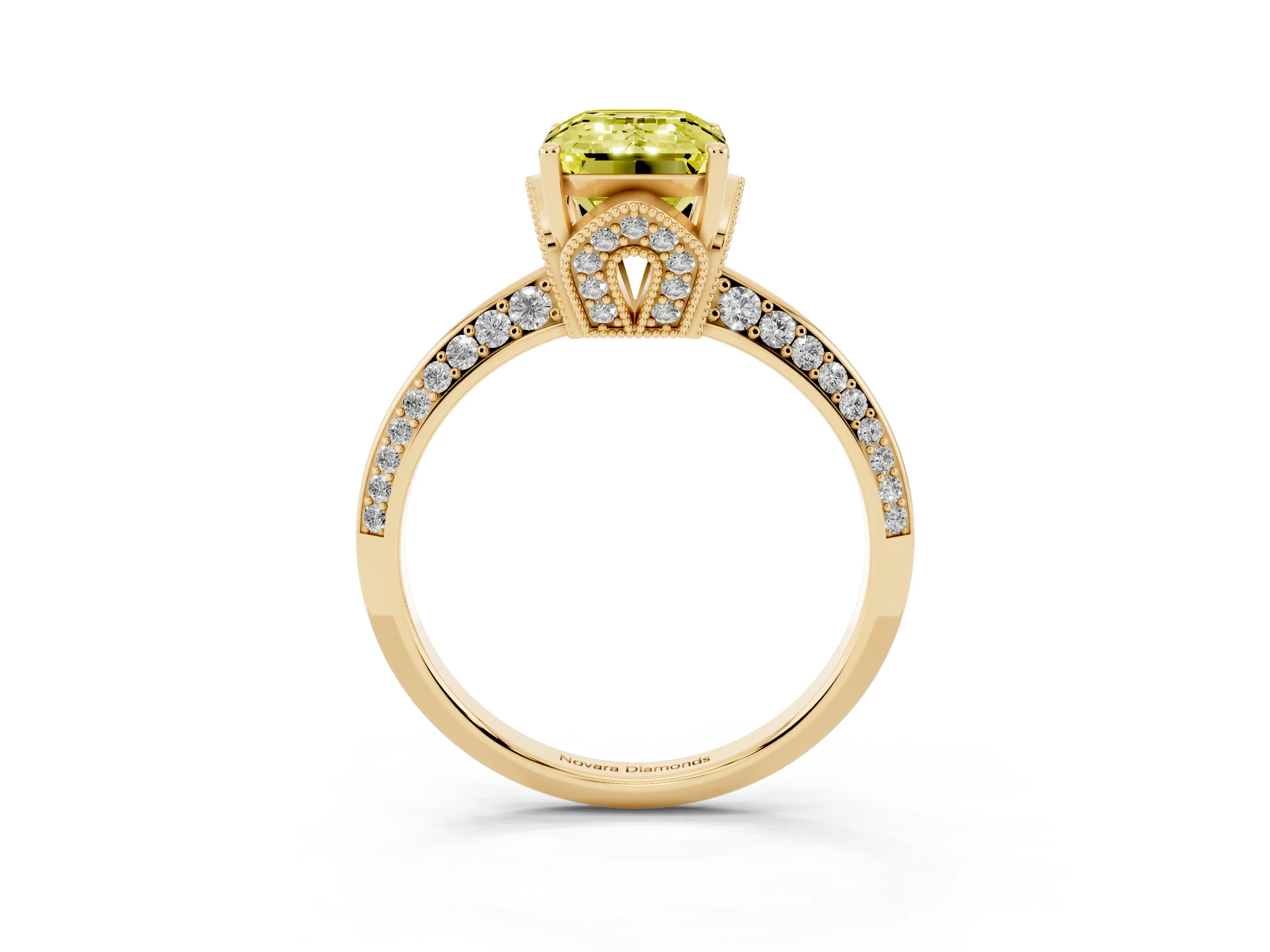 Fancy Yellow Emerald Cut Diamond Solitaire Engagement Ring Set in Yellow gold with Pavé Split Shank and Prong Setting