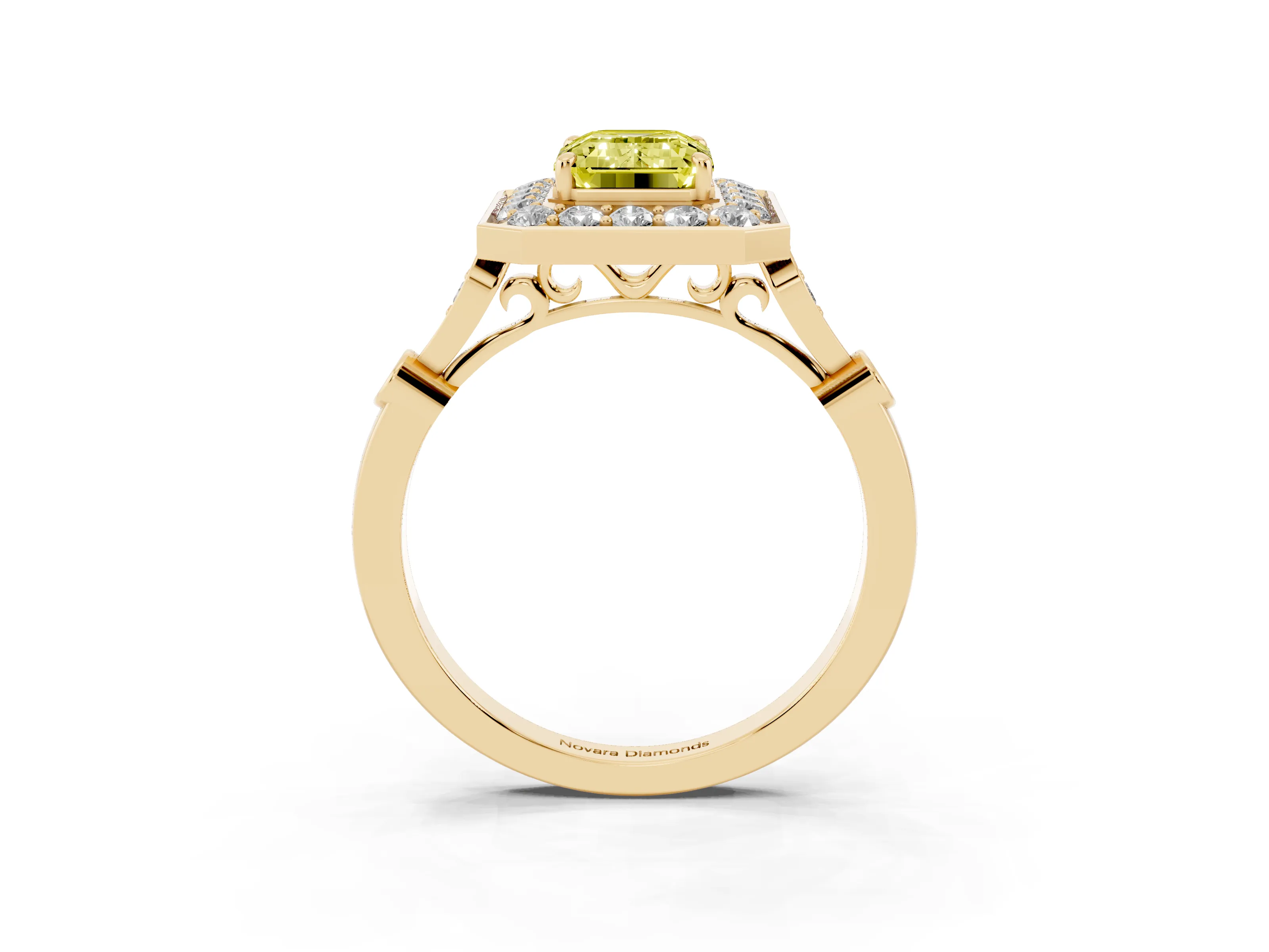 Fancy Yellow Emerald Cut Diamond Halo Engagement Ring Set in Yellow gold with Twisted Band and Prong Setting