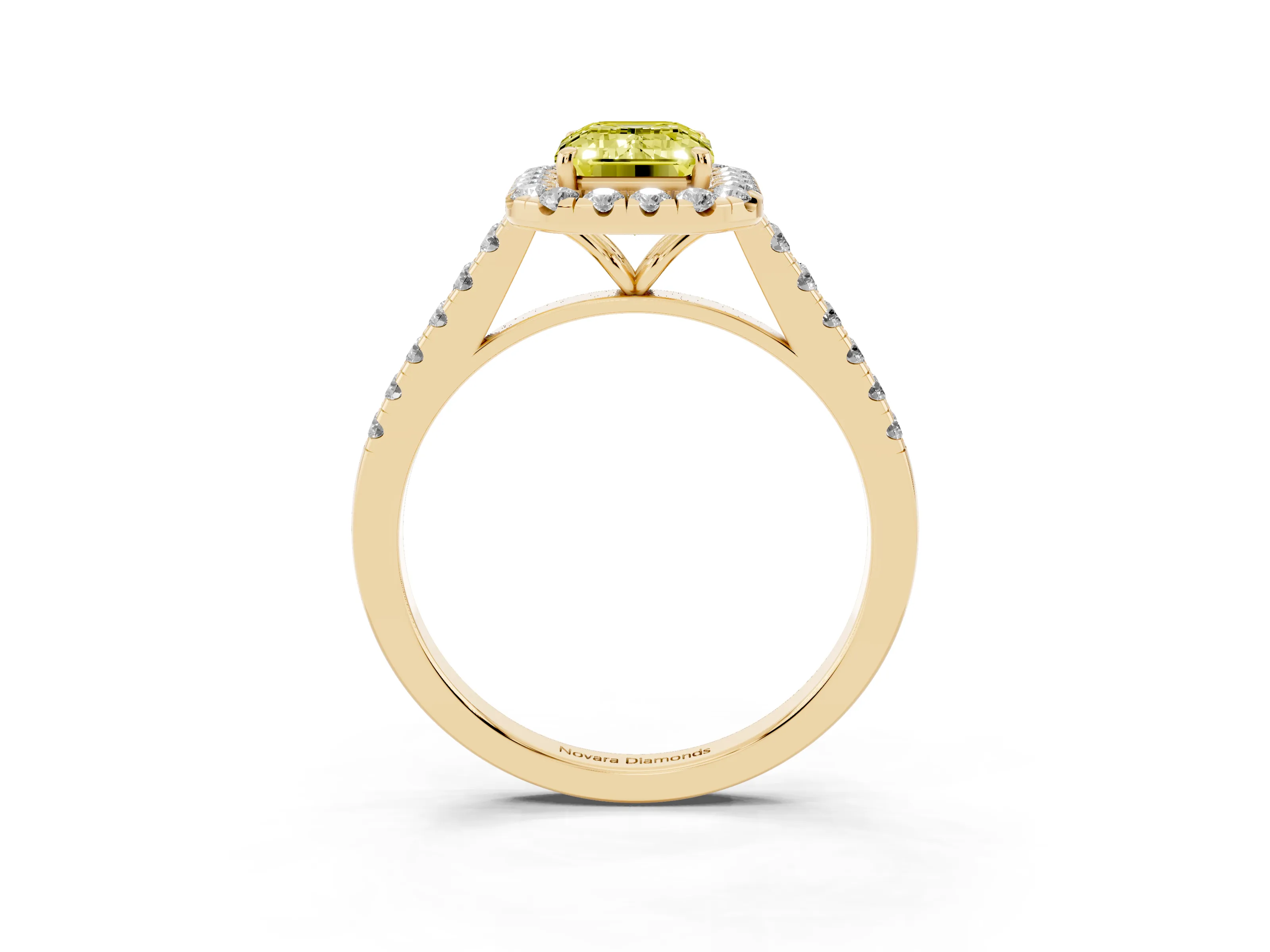 Fancy Yellow Emerald Cut Diamond Halo Pavé Engagement Ring Set in Yellow gold with Prong Setting