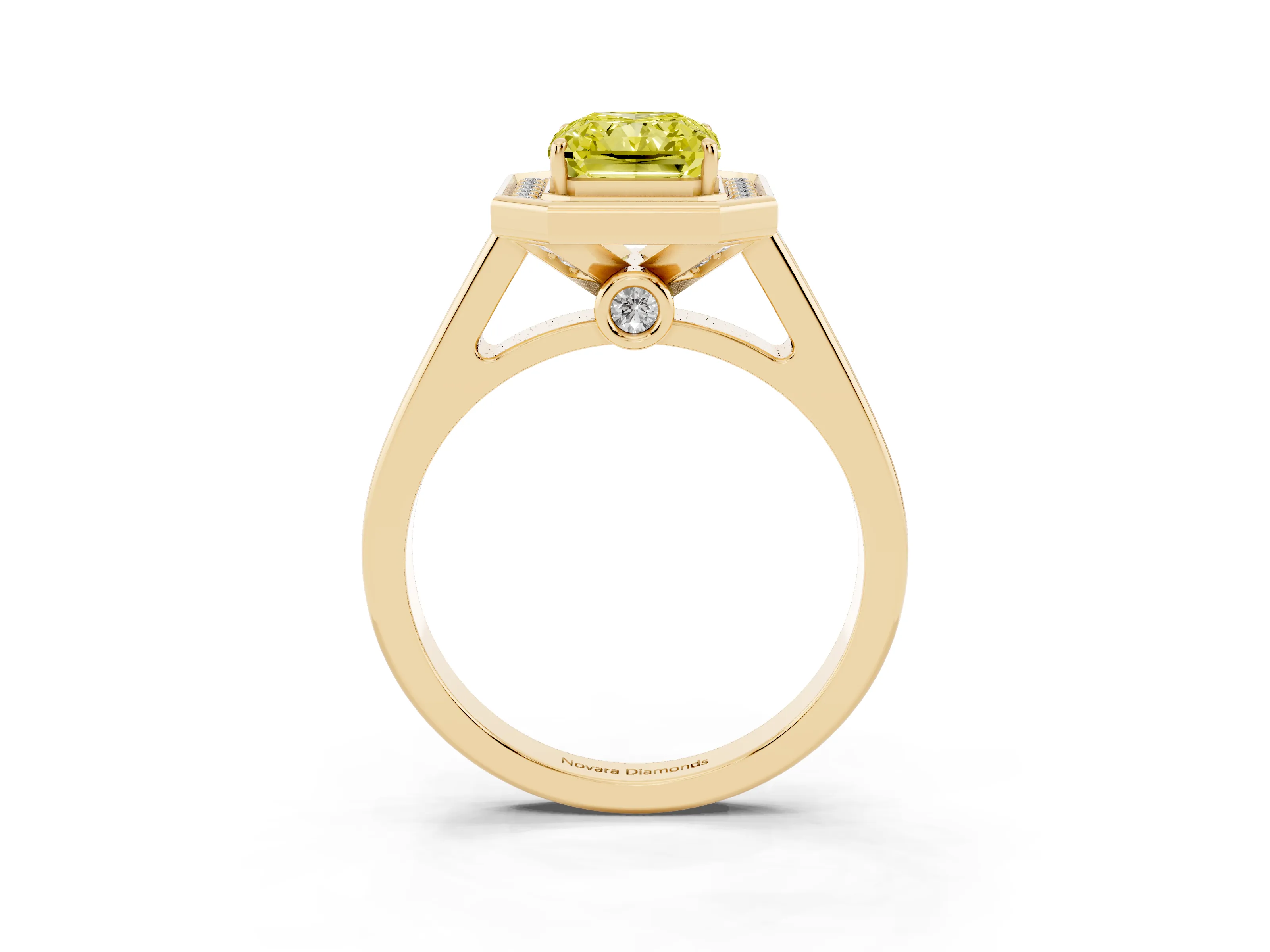 Fancy Yellow Emerald Cut Diamond Halo Solitaire Ring Set in Yellow gold with Pavé Band and Bezel Setting