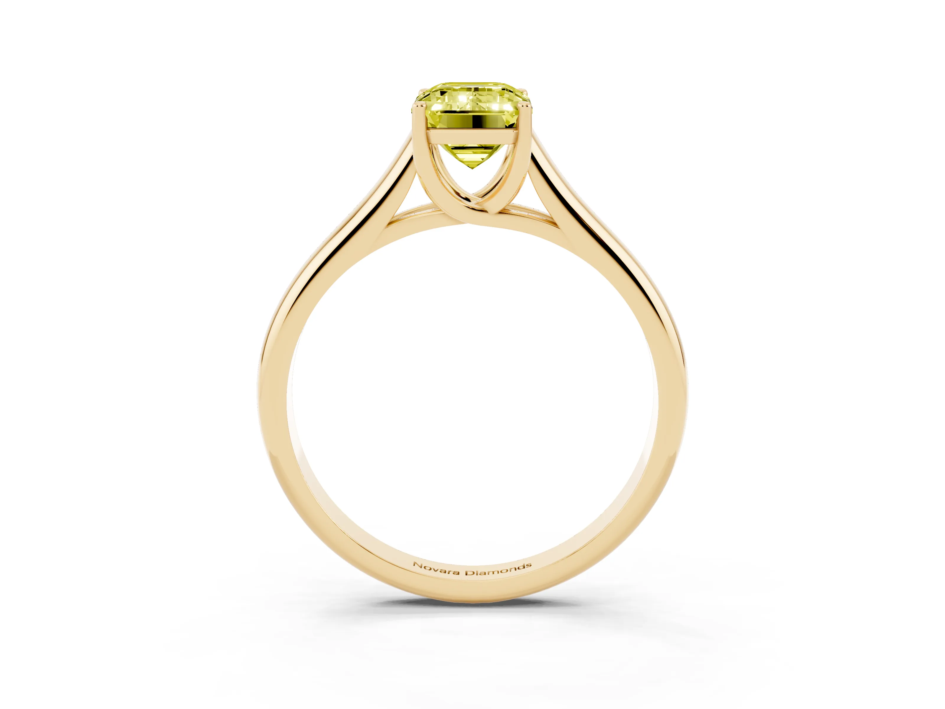 Fancy Yellow Emerald Cut Diamond Solitaire Engagement Ring Set in Yellow gold with Subtly Tapered Band and Prong Setting