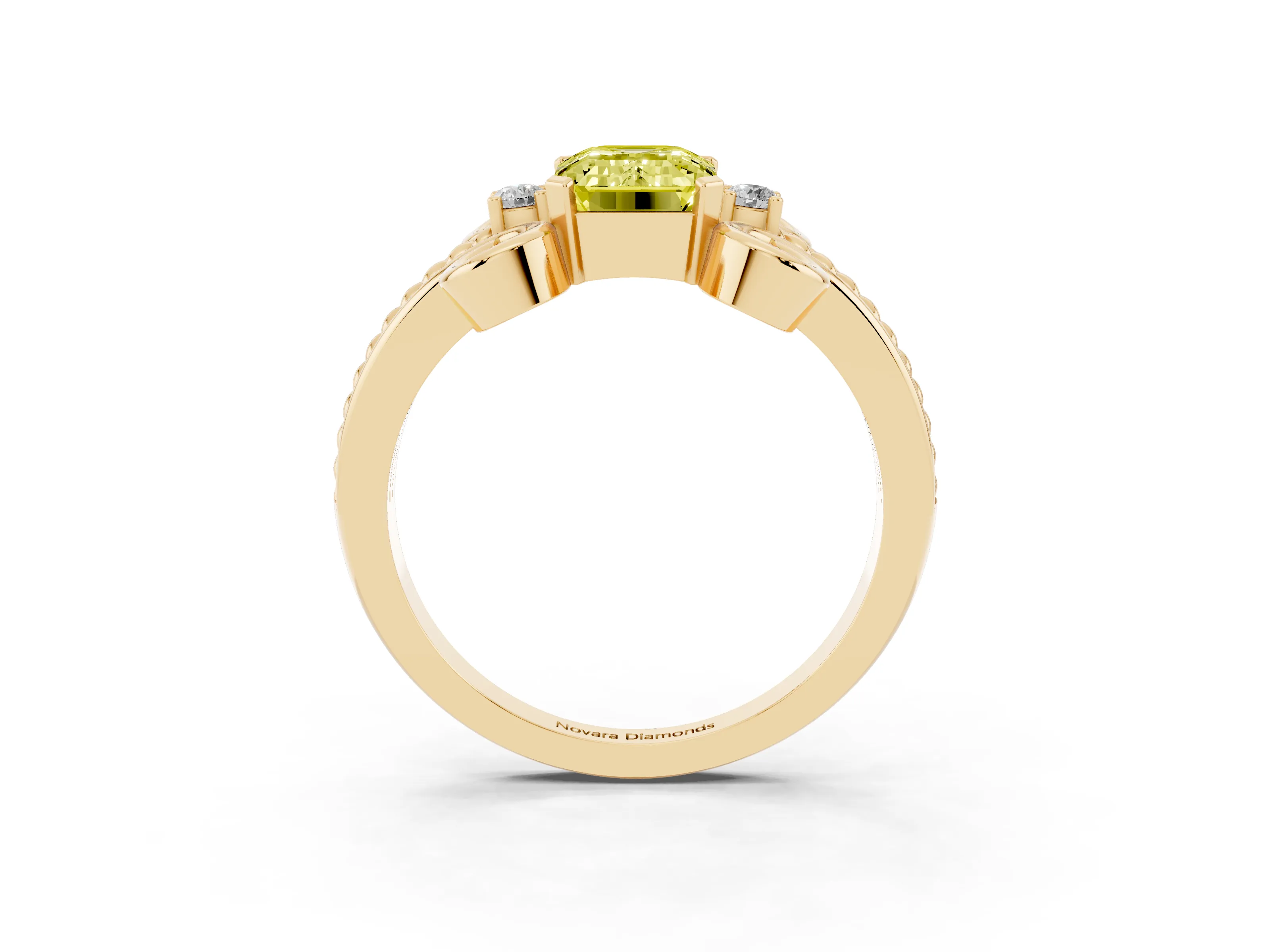 Fancy Yellow Emerald Cut Diamond Twisted Band Solitaire Ring Set in Yellow gold with Scroll Prongs