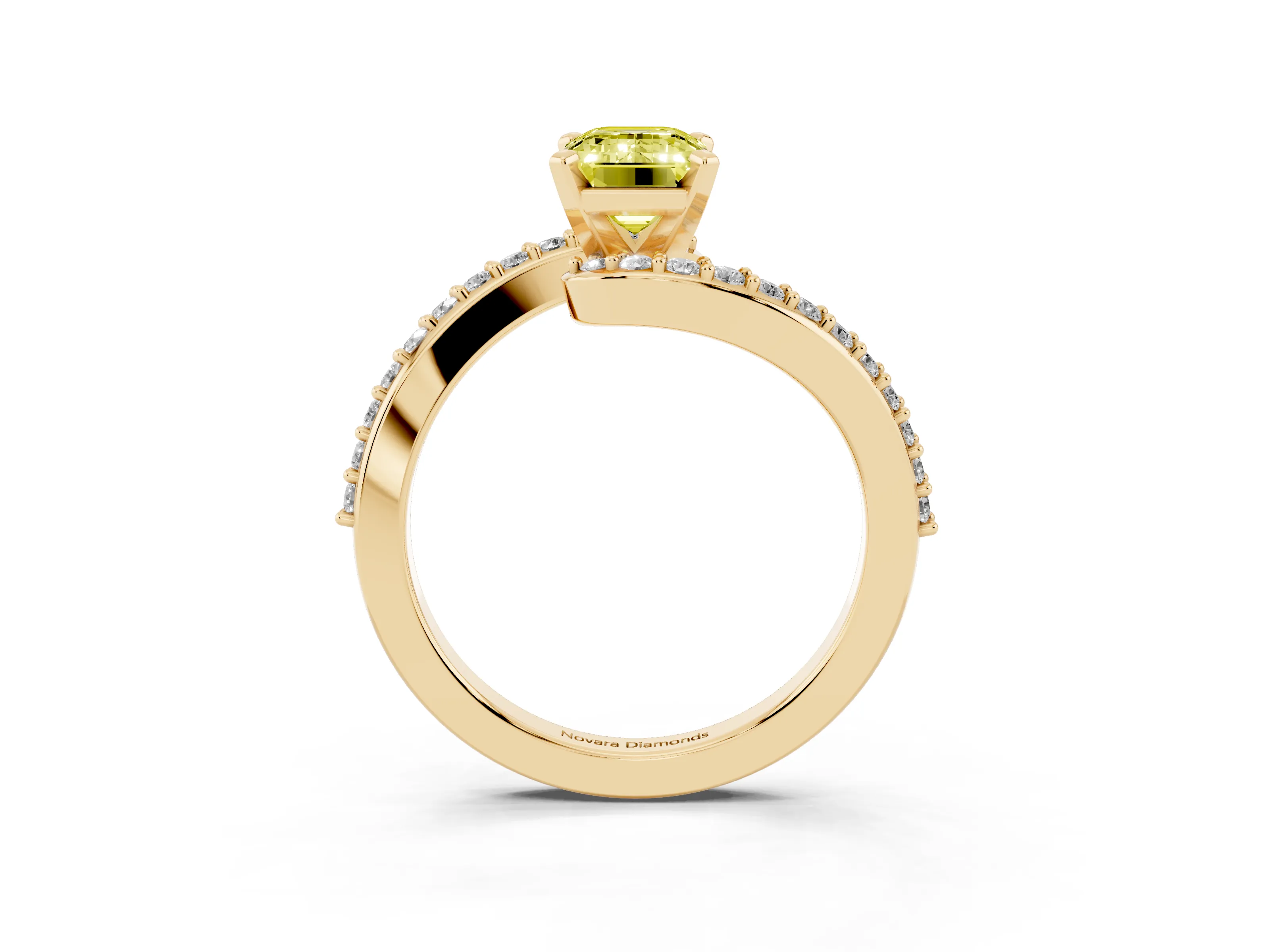 Fancy Yellow Emerald Cut Diamond Solitaire Ring Set in Yellow gold with Pavé Twist Band and Prong Setting