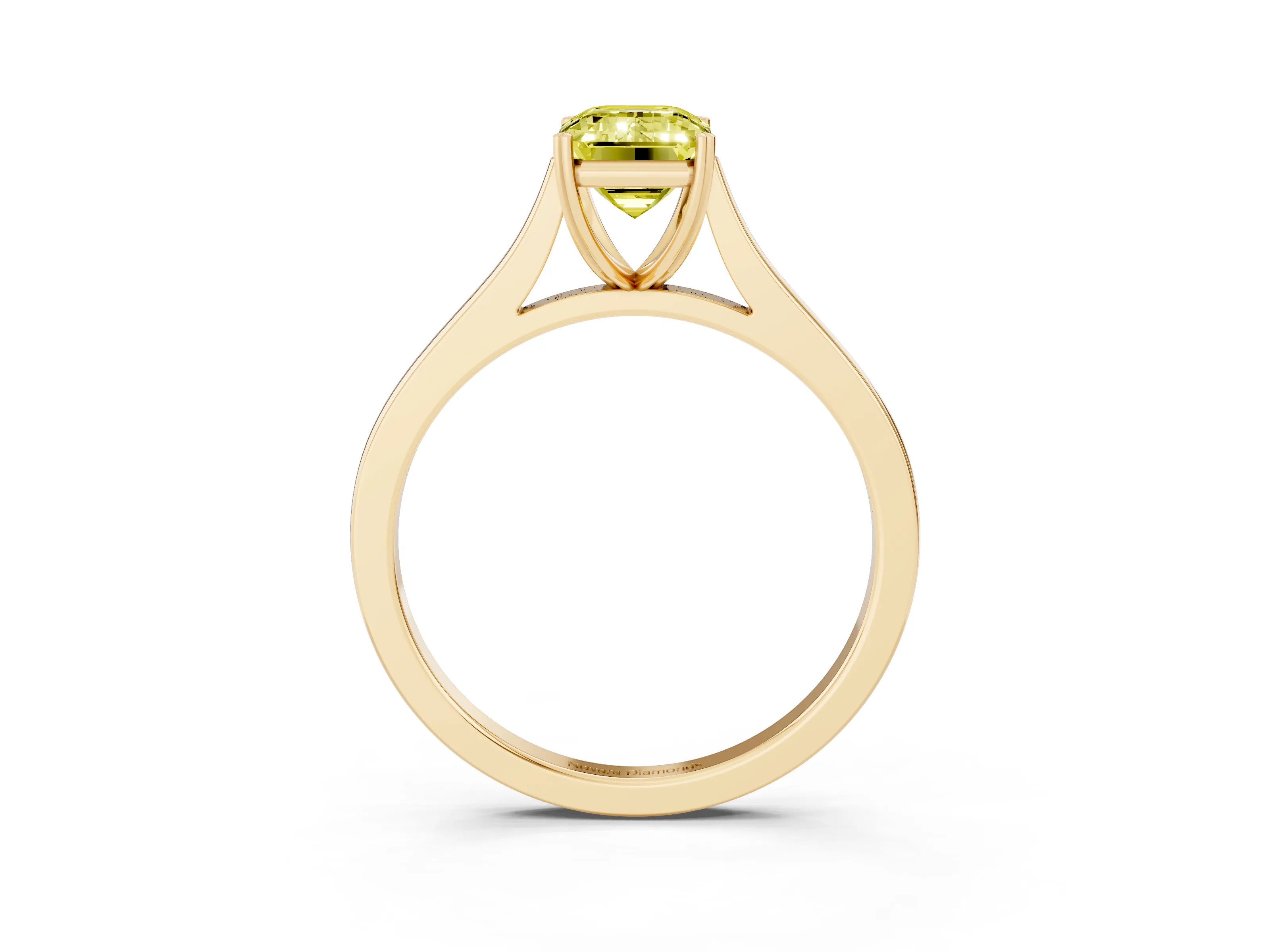 Fancy Yellow Emerald Cut Diamond Solitaire Heart Prong Engagement Ring Set in Yellow gold with Tapered Band