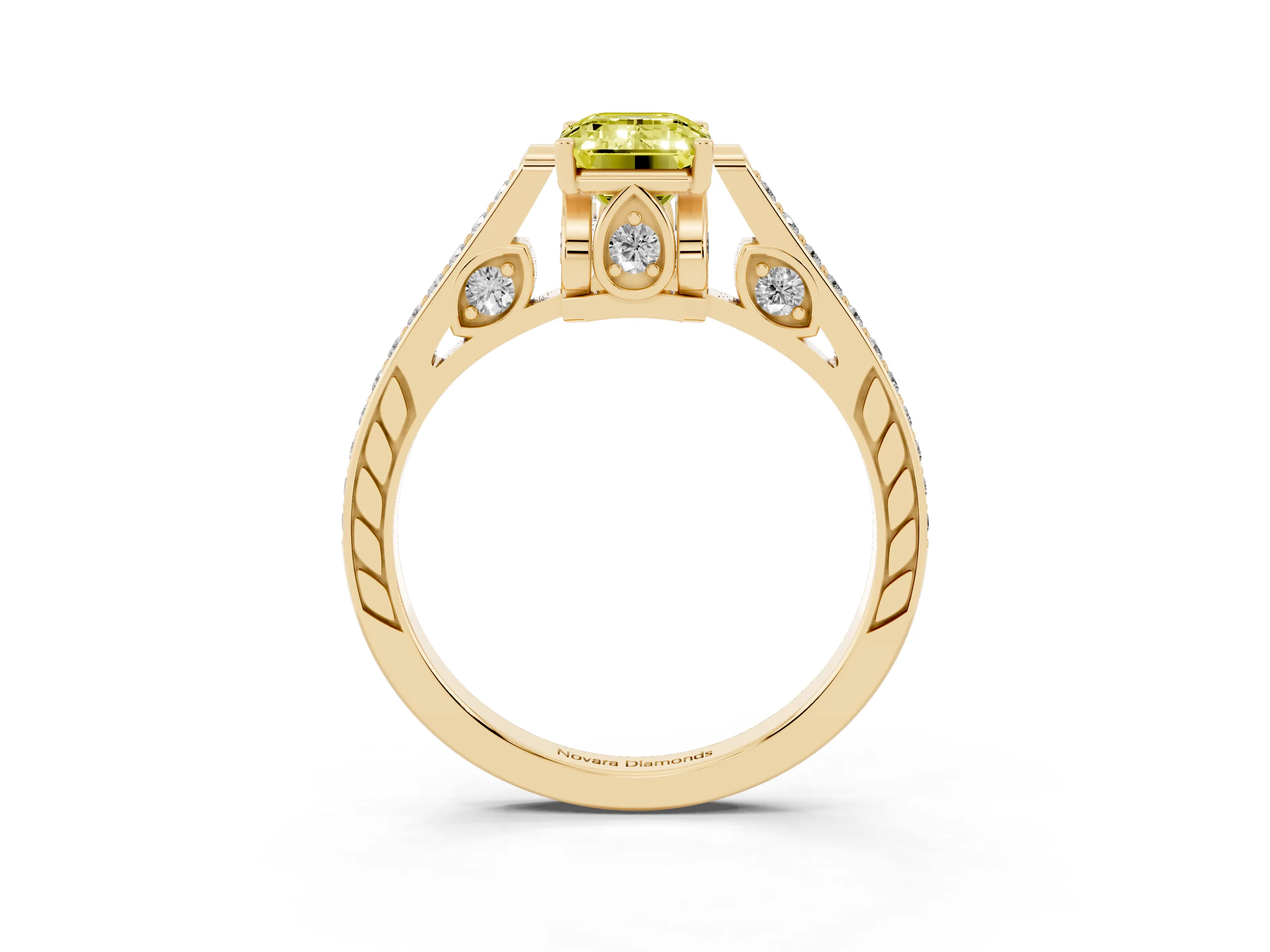 Fancy Yellow Emerald Cut Diamond Cathedral Pavé Engagement Ring Set in Yellow gold with Prong Setting