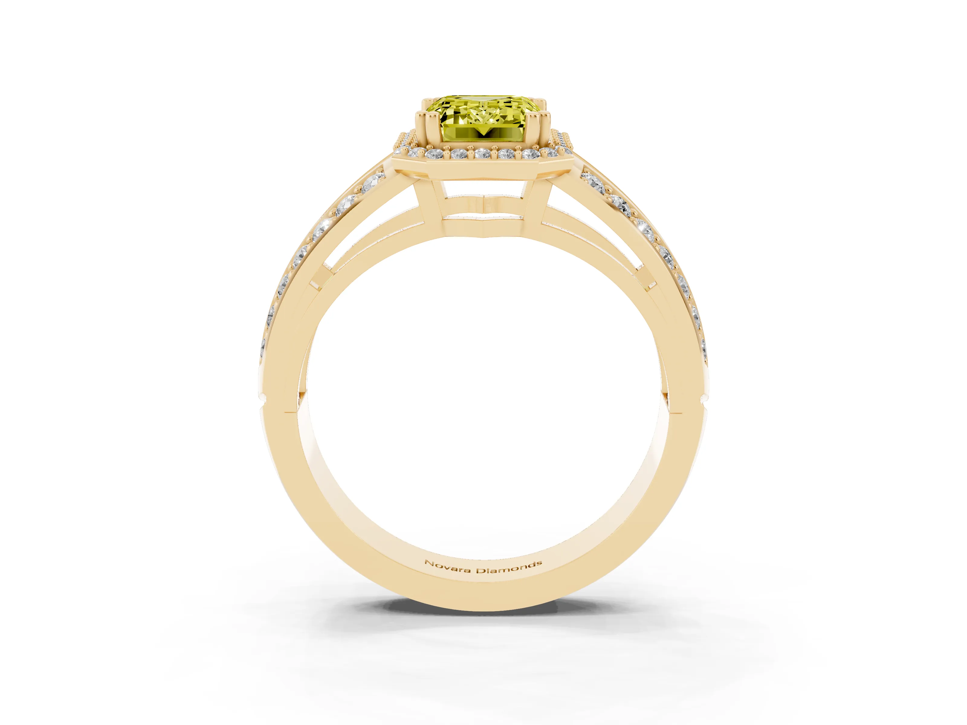 Fancy Yellow Emerald Cut Diamond Halo Ring Set in Yellow gold with Double Pavé Split Shank