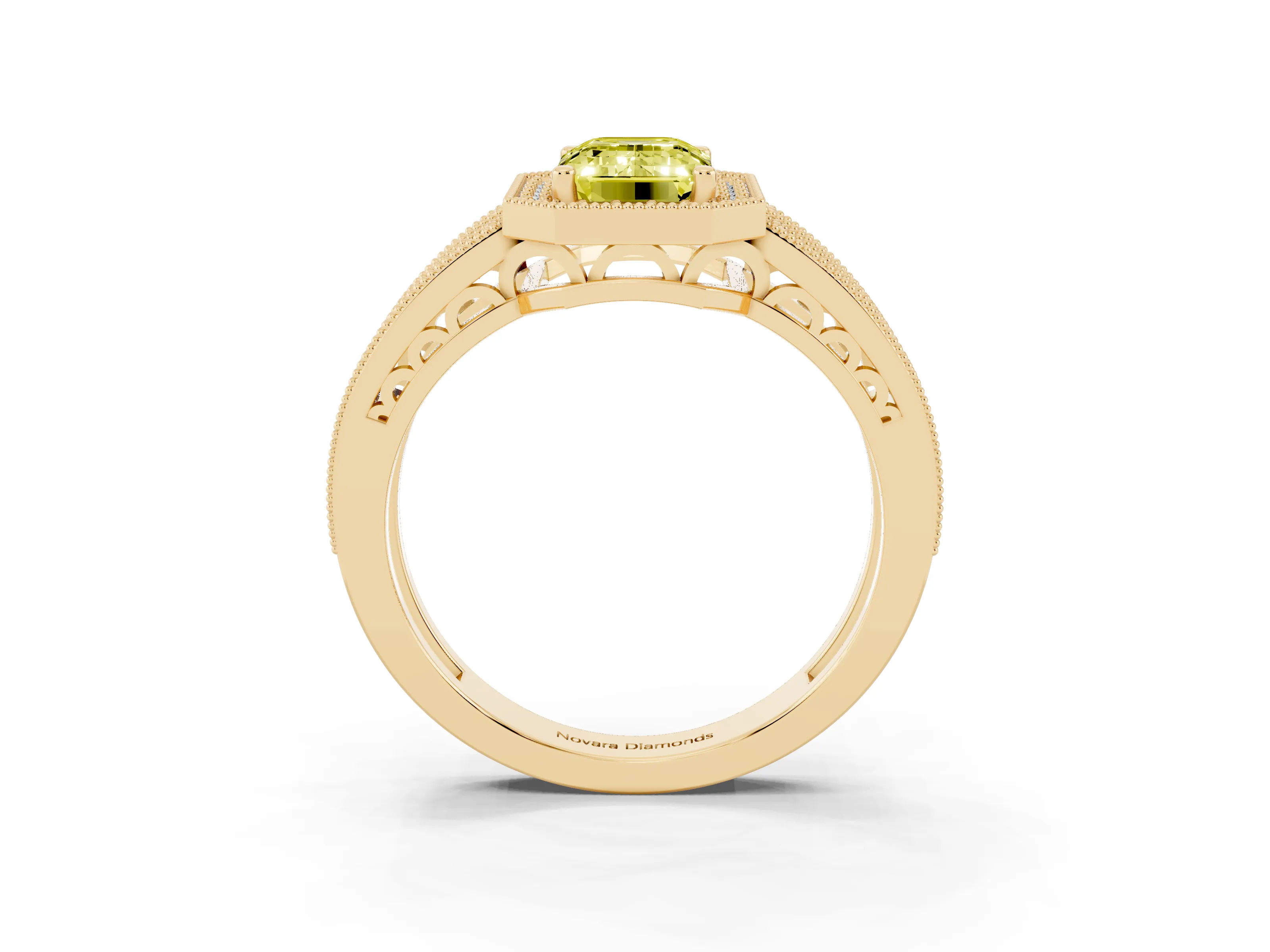 Fancy Yellow Emerald Cut Diamond Halo Ring Set in Yellow gold with Accent Split Shank and Prong Setting
