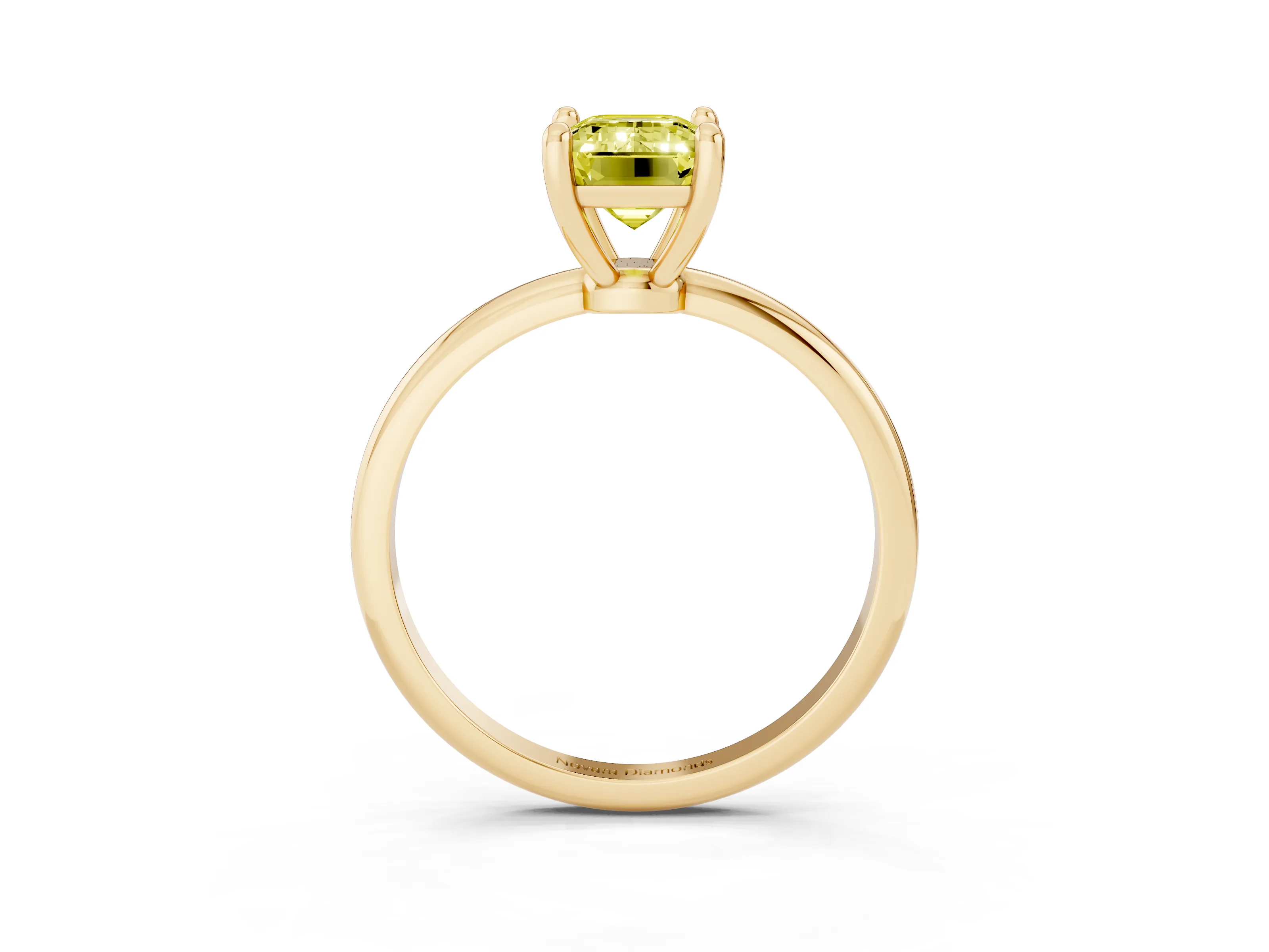 Fancy Yellow Emerald Cut Diamond Solitaire Ring Set in Yellow gold with Secure Prong Setting on a Classic Band