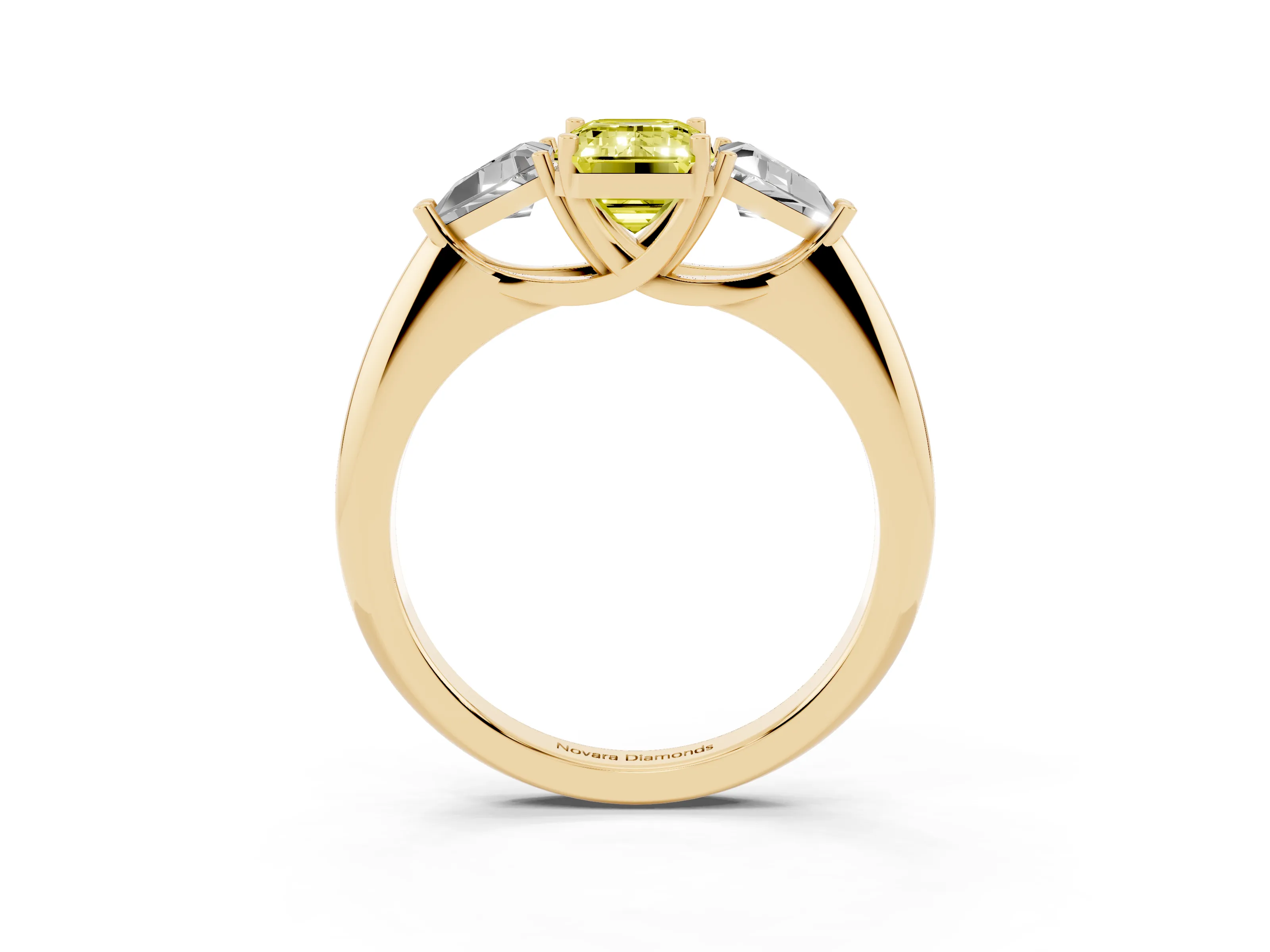 Fancy Yellow Emerald Cut Diamond Three-Stone Engagement Ring Set in Yellow gold with Trillion Side Stones