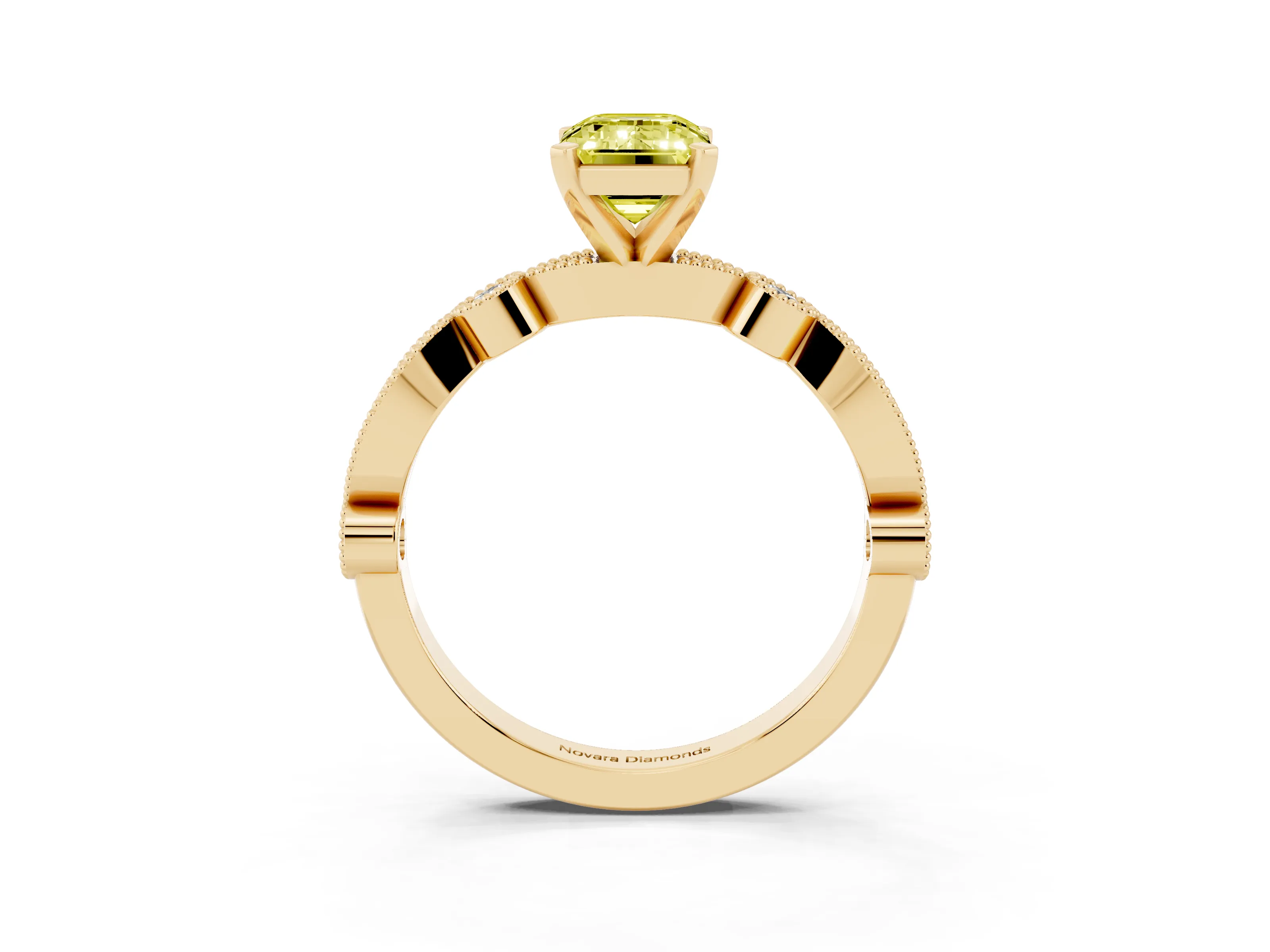 Fancy Yellow Emerald Cut Diamond Solitaire Engagement Ring Set in Yellow gold with Milgrain Bezel Accent Band