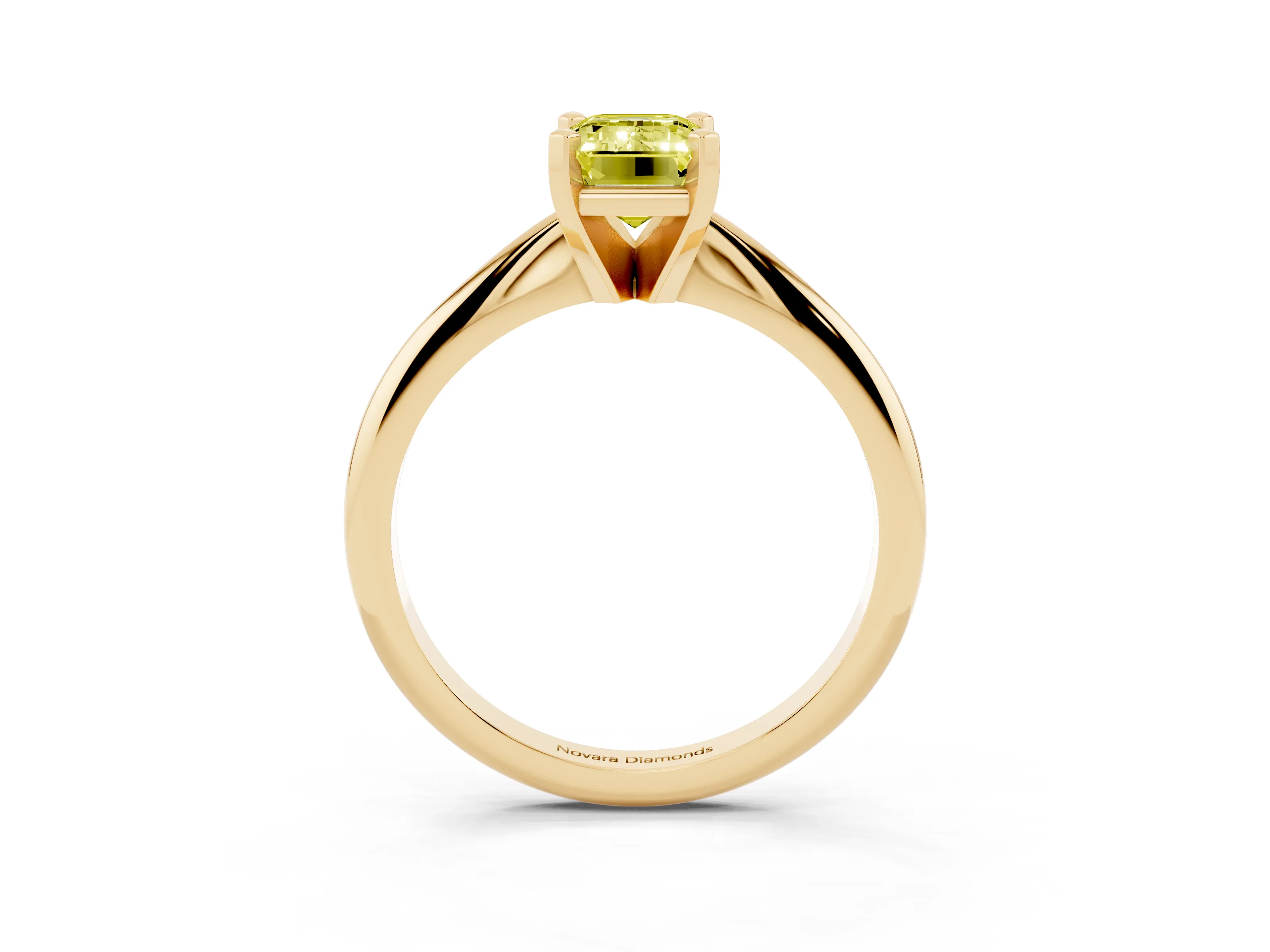 Fancy Yellow Emerald Cut Diamond Solitaire Ring Set in Yellow gold with Prong Setting on a Plain Round Band