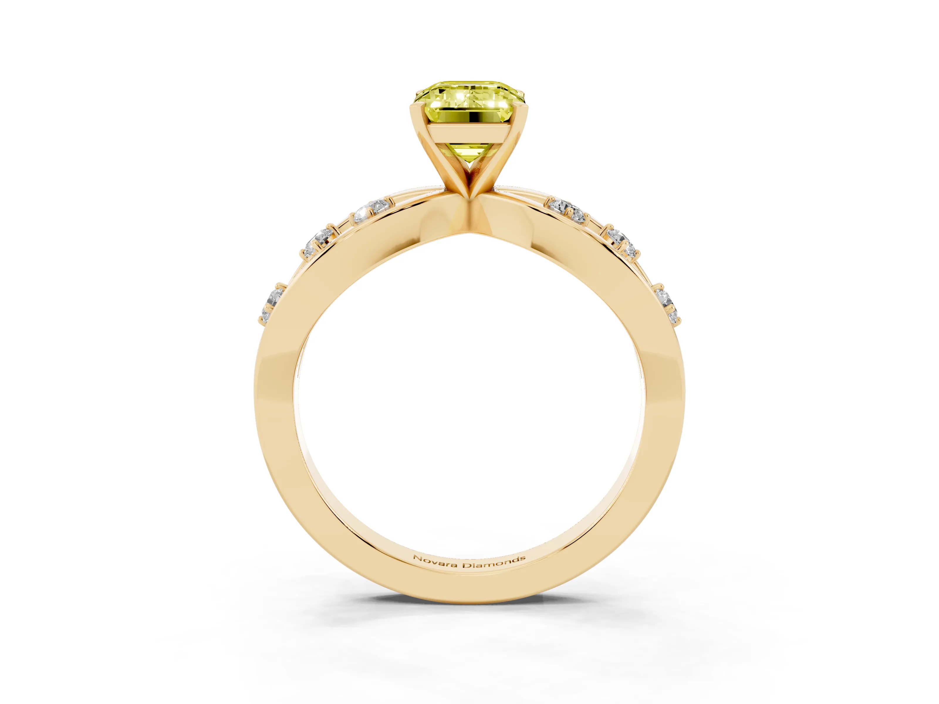Fancy Yellow Emerald Cut Diamond Solitaire Ring Set in Yellow gold with Side Stones on Criss-Cross Band and Prong Setting
