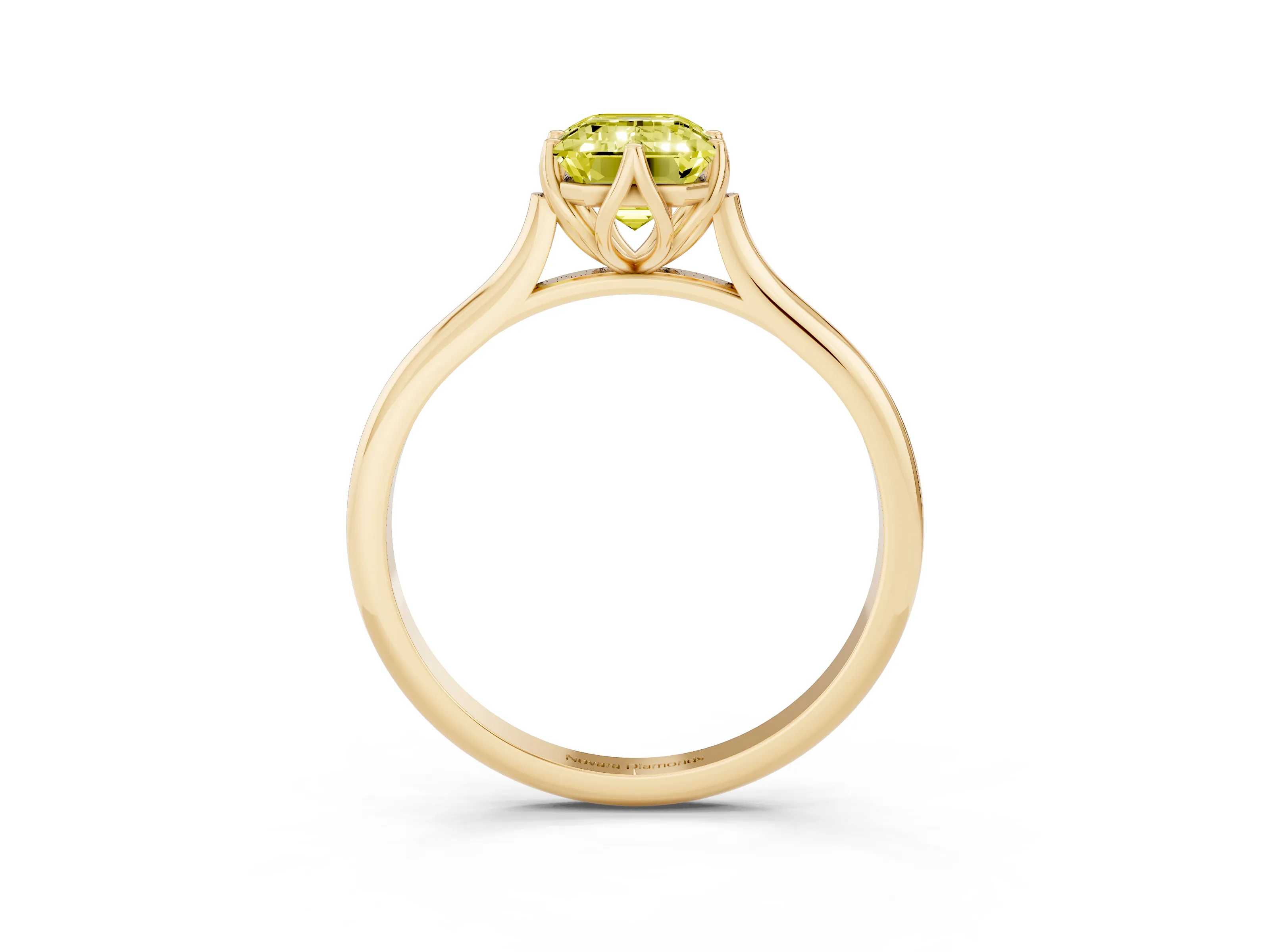Fancy Yellow Emerald Cut Diamond Solitaire Cathedral Ring Set in Yellow gold with Prong Setting