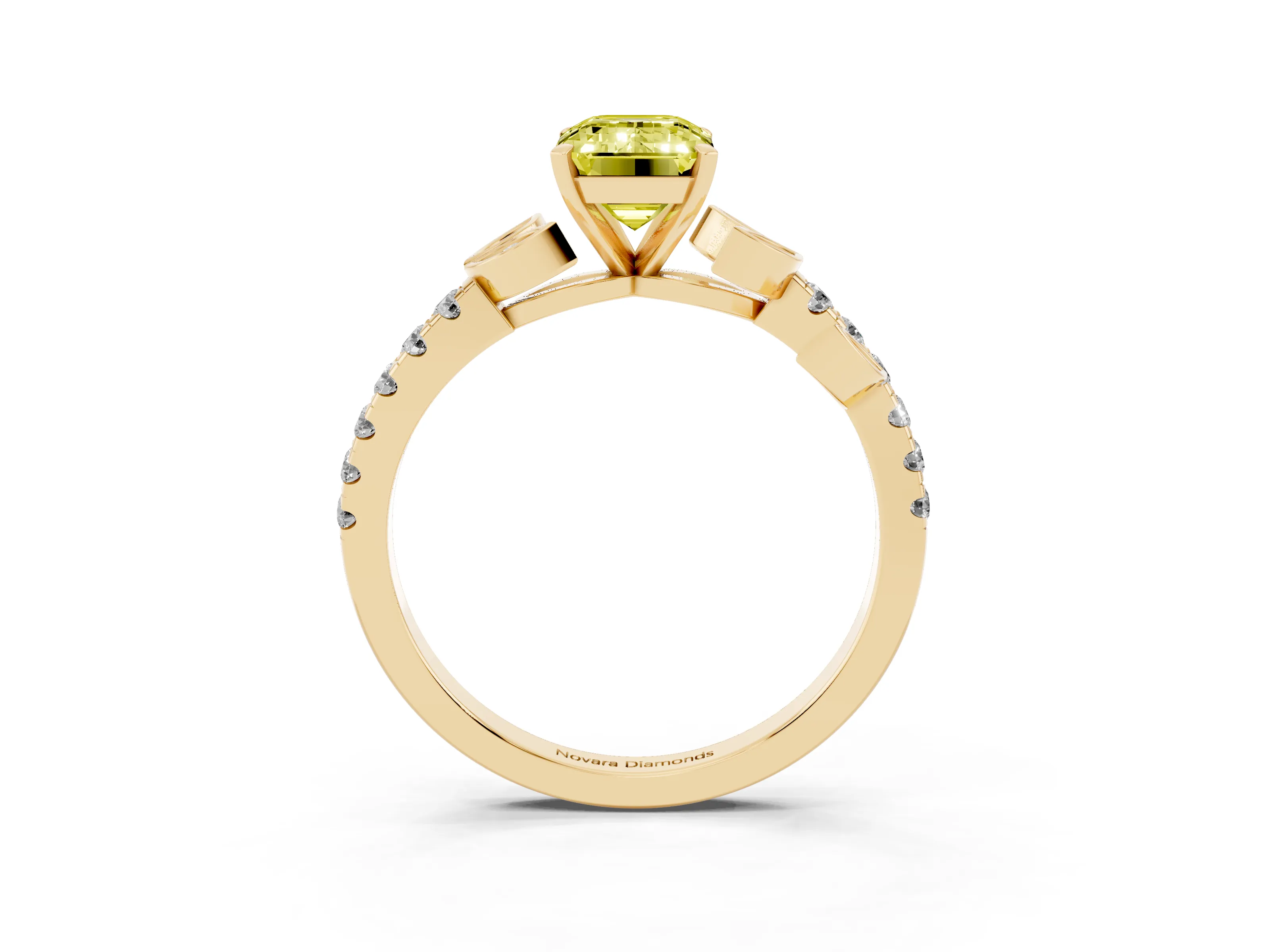 Fancy Yellow Emerald Cut Diamond Solitaire Leaf-Inspired Ring Set in Yellow gold with Pavé Band and Prong Setting