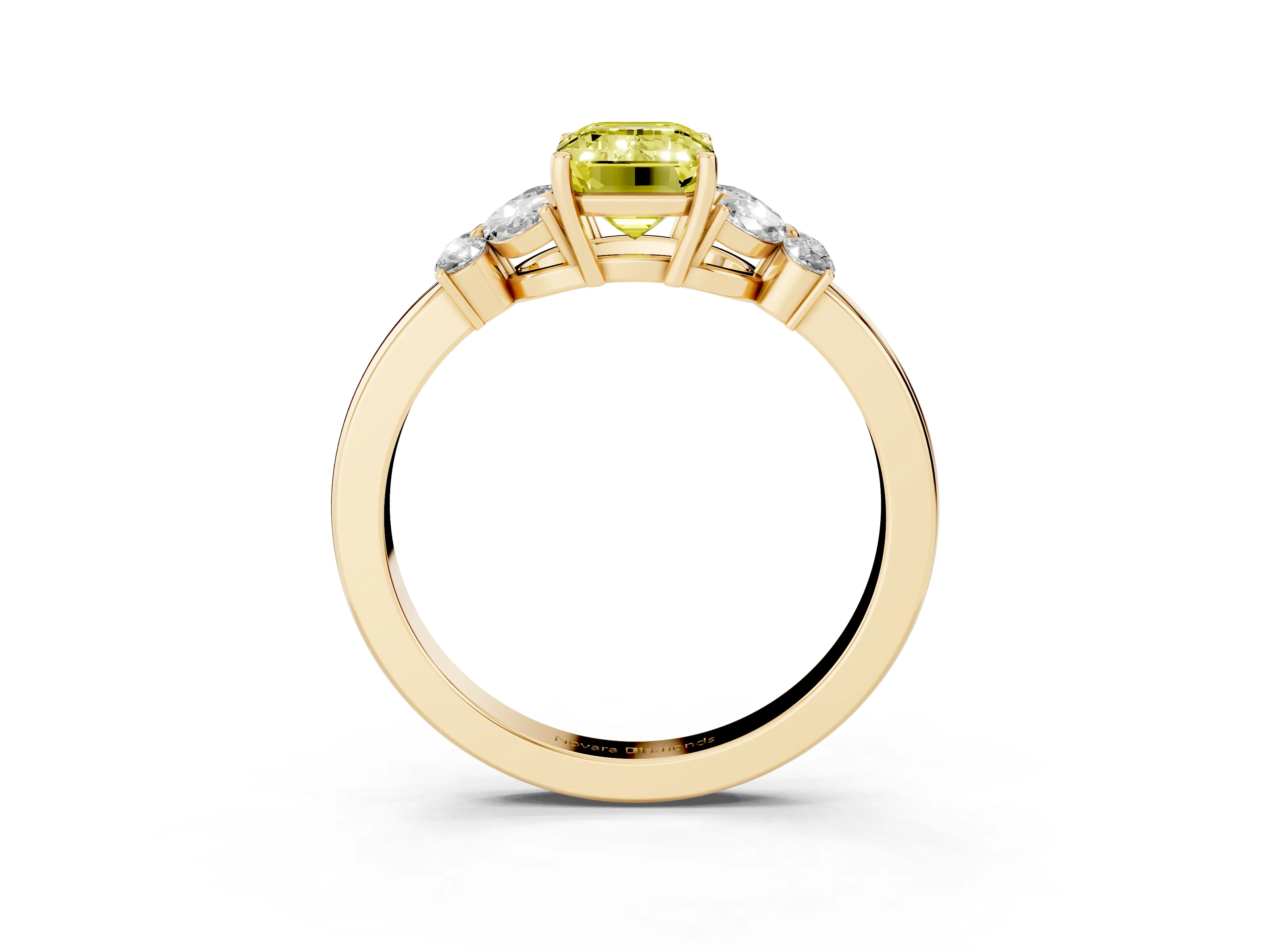 Fancy Yellow Emerald Cut Diamond Solitaire Floral Ring Set in Yellow gold with Marquise Petals and Prong Setting