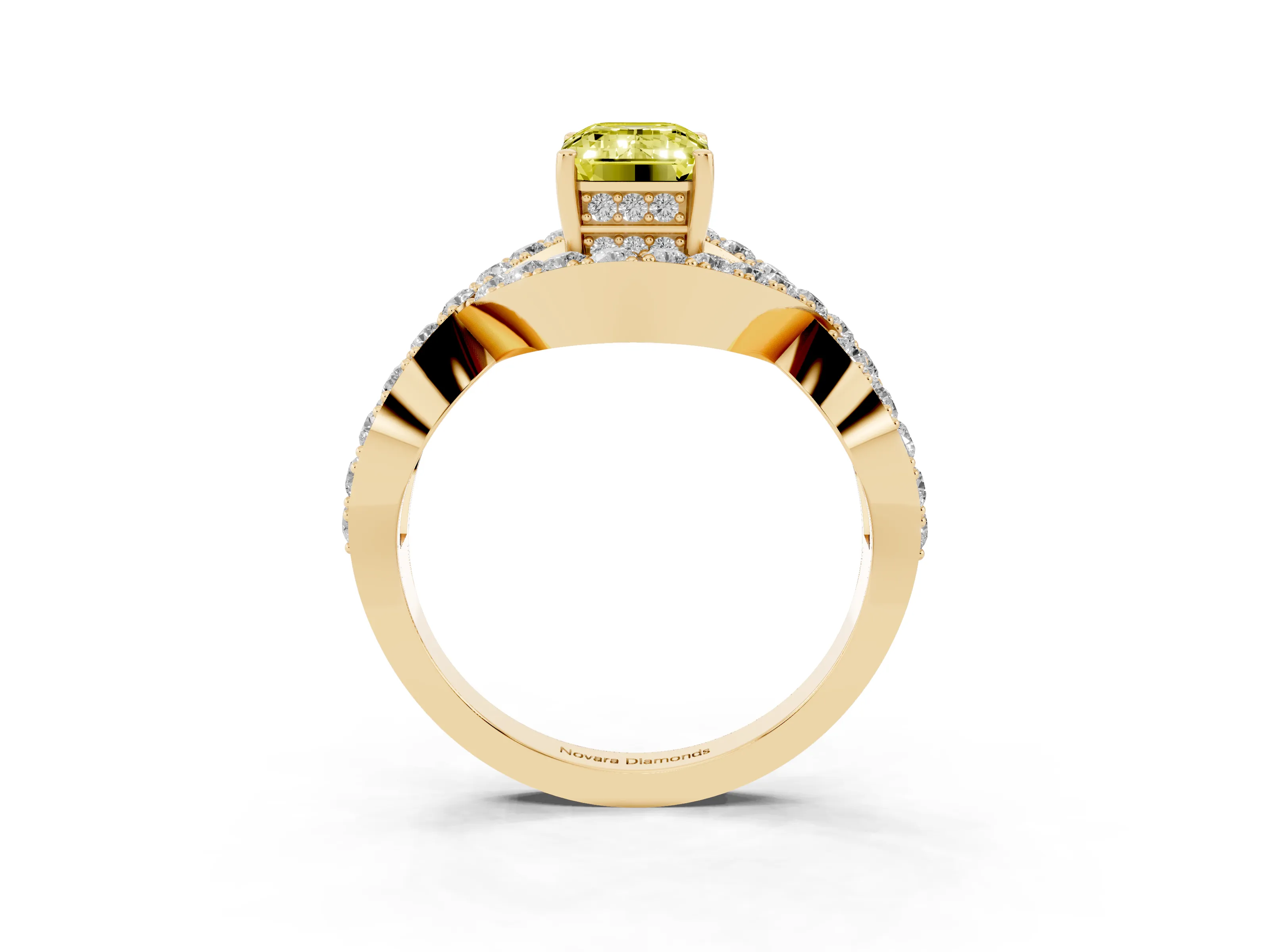 Fancy Yellow Emerald Cut Diamond Solitaire Twist Band Pavé Engagement Ring Set in Yellow gold