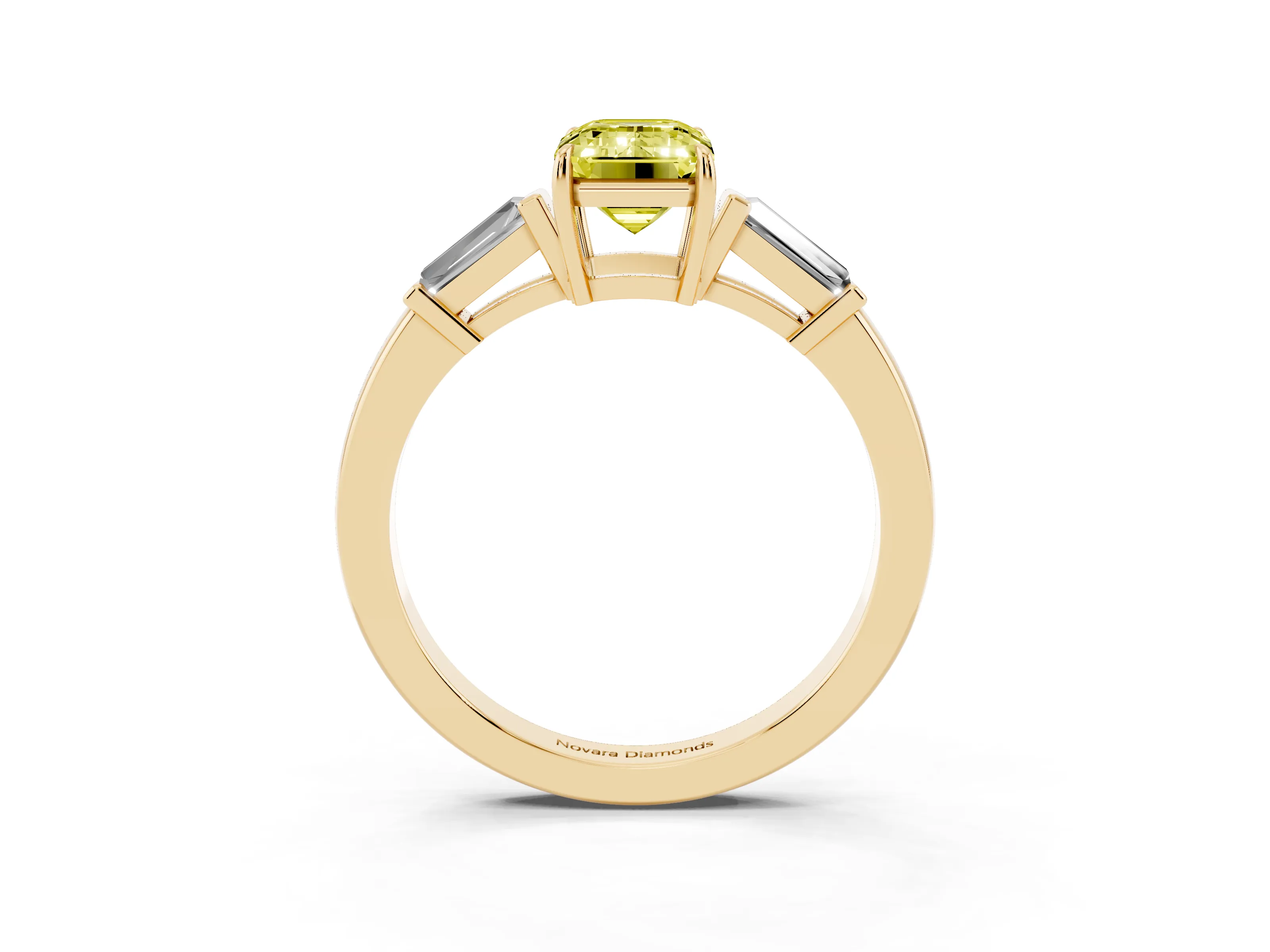 Fancy Yellow Emerald Cut Diamond Three-Stone Ring Set in Yellow gold with Tapered Baguette Side Stones and Prong Setting