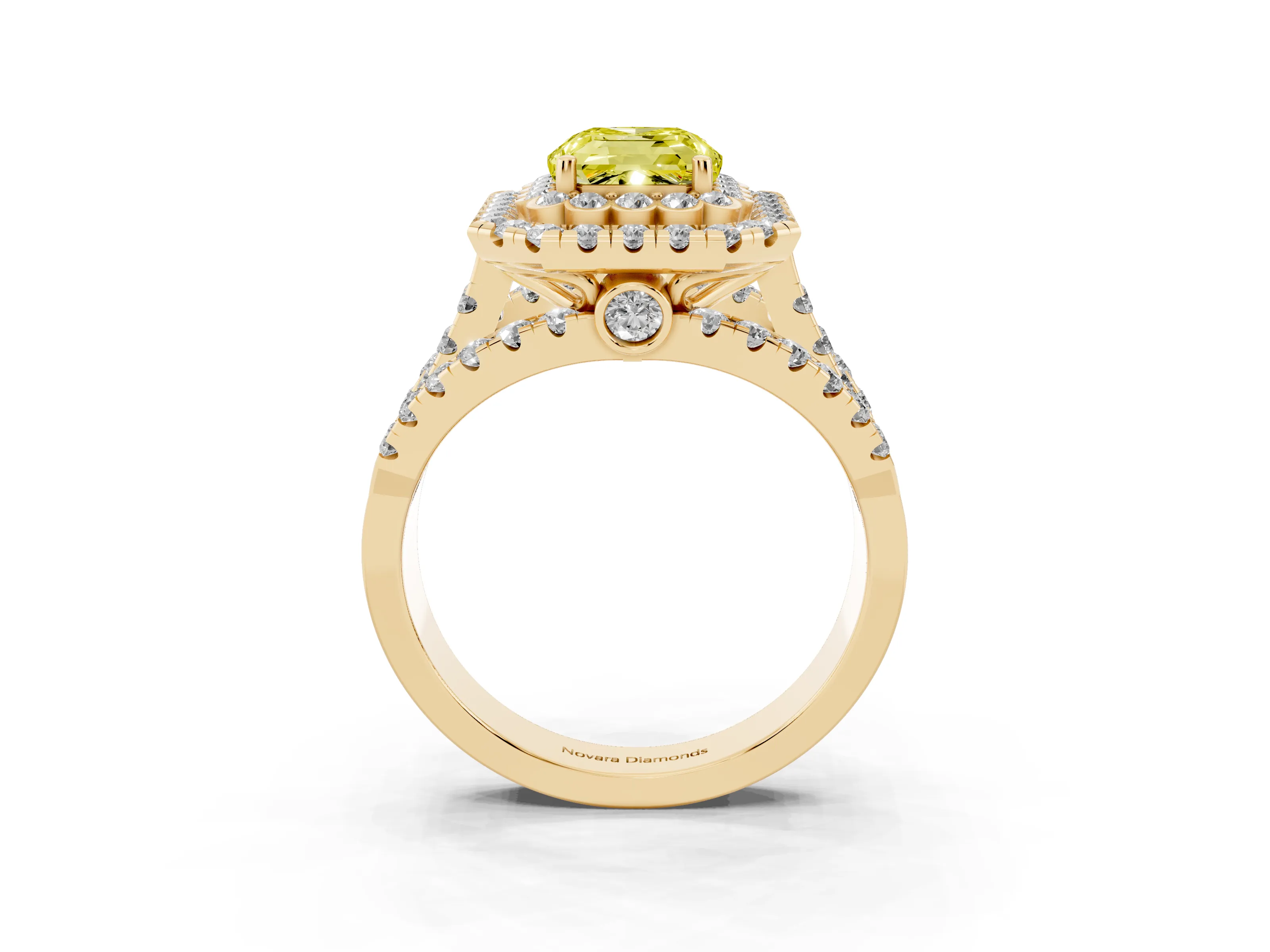 Fancy Yellow Emerald Cut Diamond Double Halo Ring Set in Yellow gold with Round Pavé Split Shank