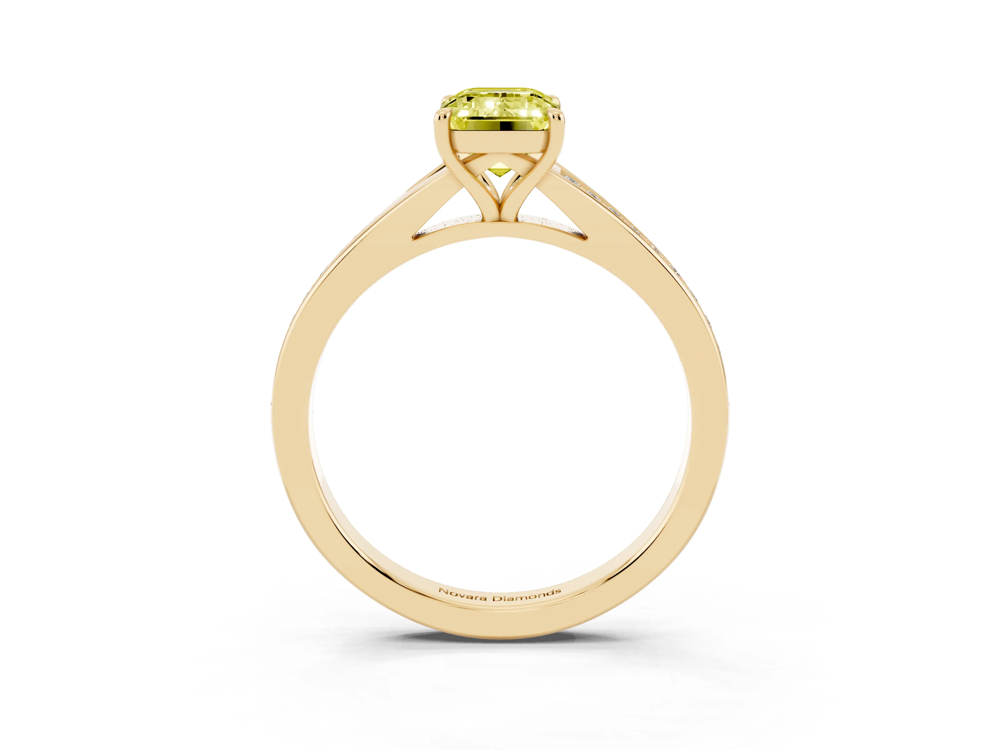 Fancy Yellow Emerald Cut Diamond Solitaire Ring Set in Yellow gold with Pavé Accent Band and Classic Prong Setting