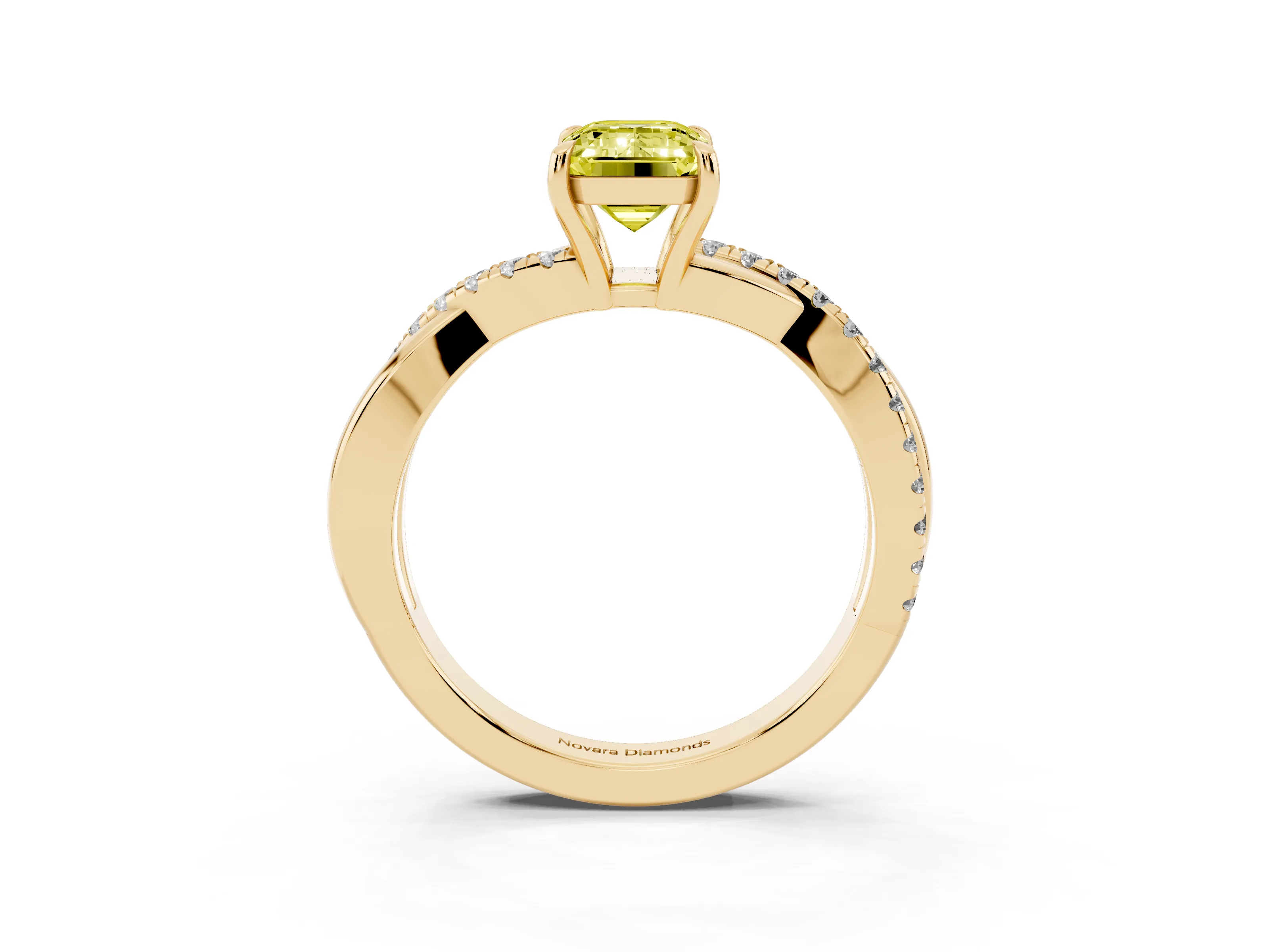 Fancy Yellow Emerald Cut Diamond Twisted Pavé Band Ring Set in Yellow gold with Prong Setting