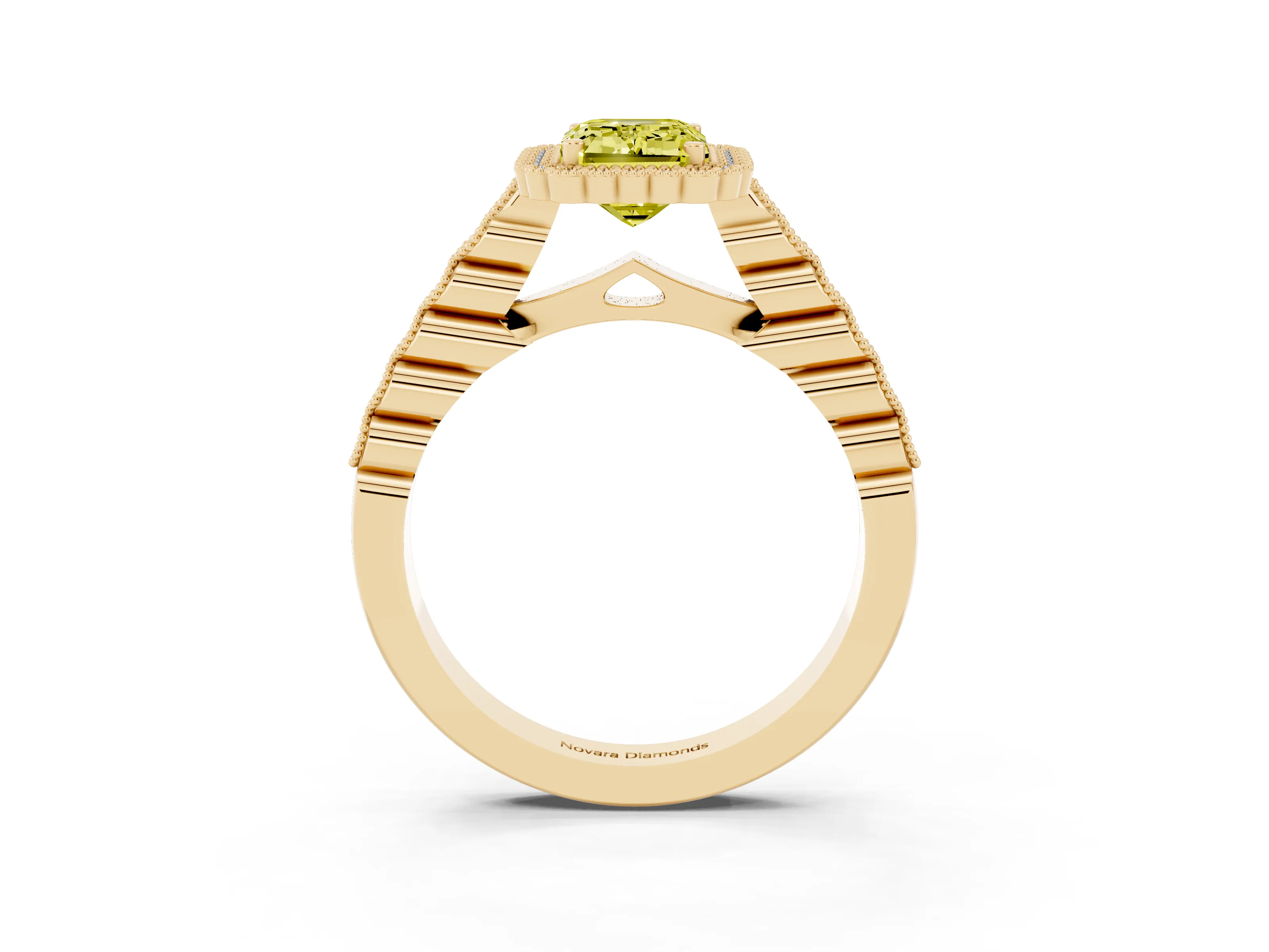 Fancy Yellow Emerald Cut Diamond Halo Ring Set in Yellow gold with Pavé Milgrain Band