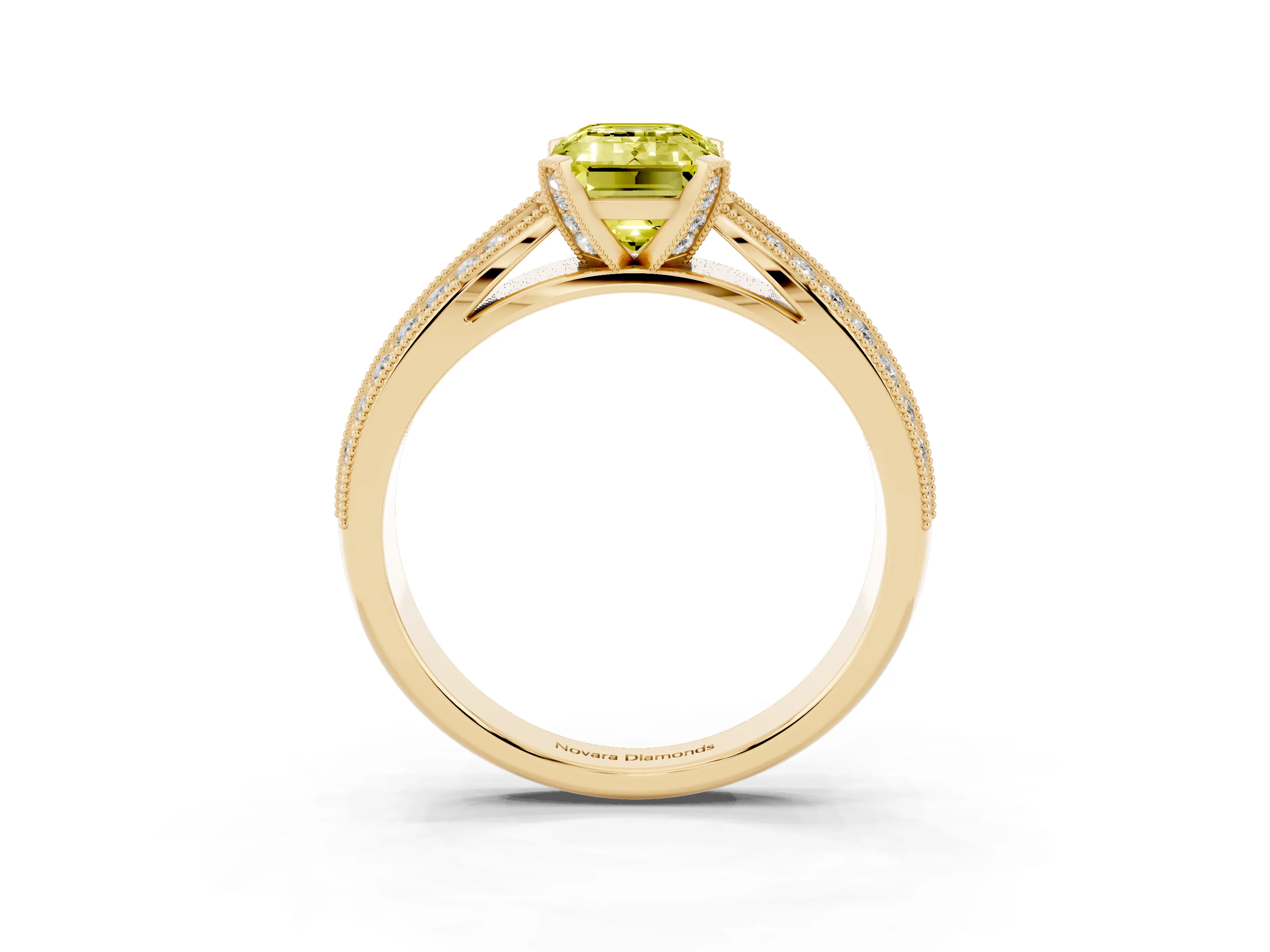 Fancy Yellow Emerald Cut Diamond Solitaire Ring Set in Yellow gold with Milgrain Double Row Round Pavé Band