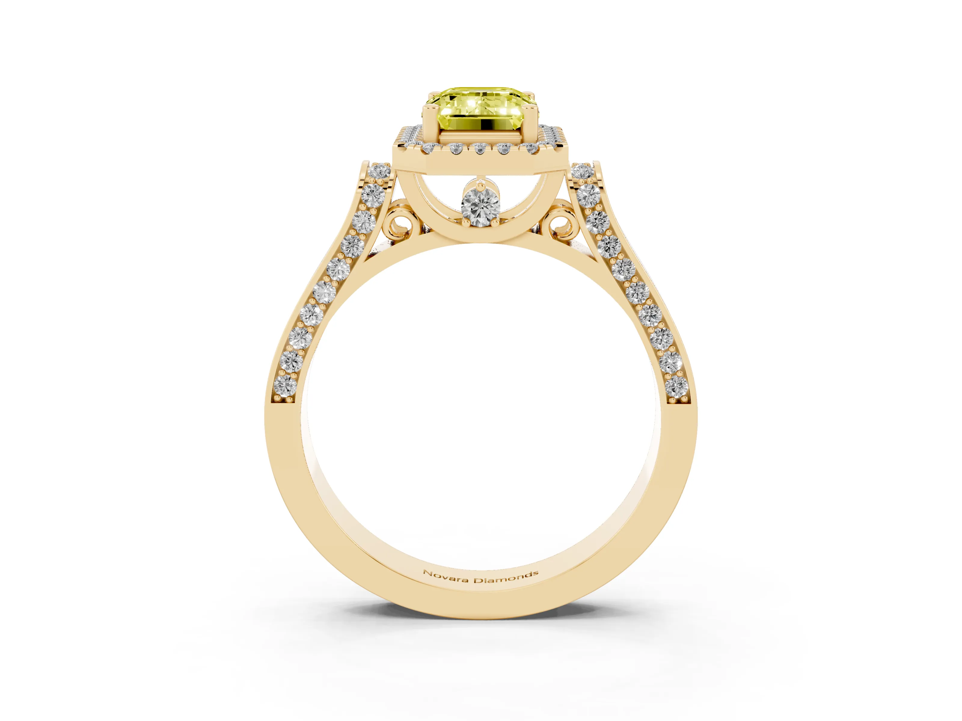 Fancy Yellow Emerald Cut Diamond Halo Ring Set in Yellow gold with Pavé-Lined Split Shank Band