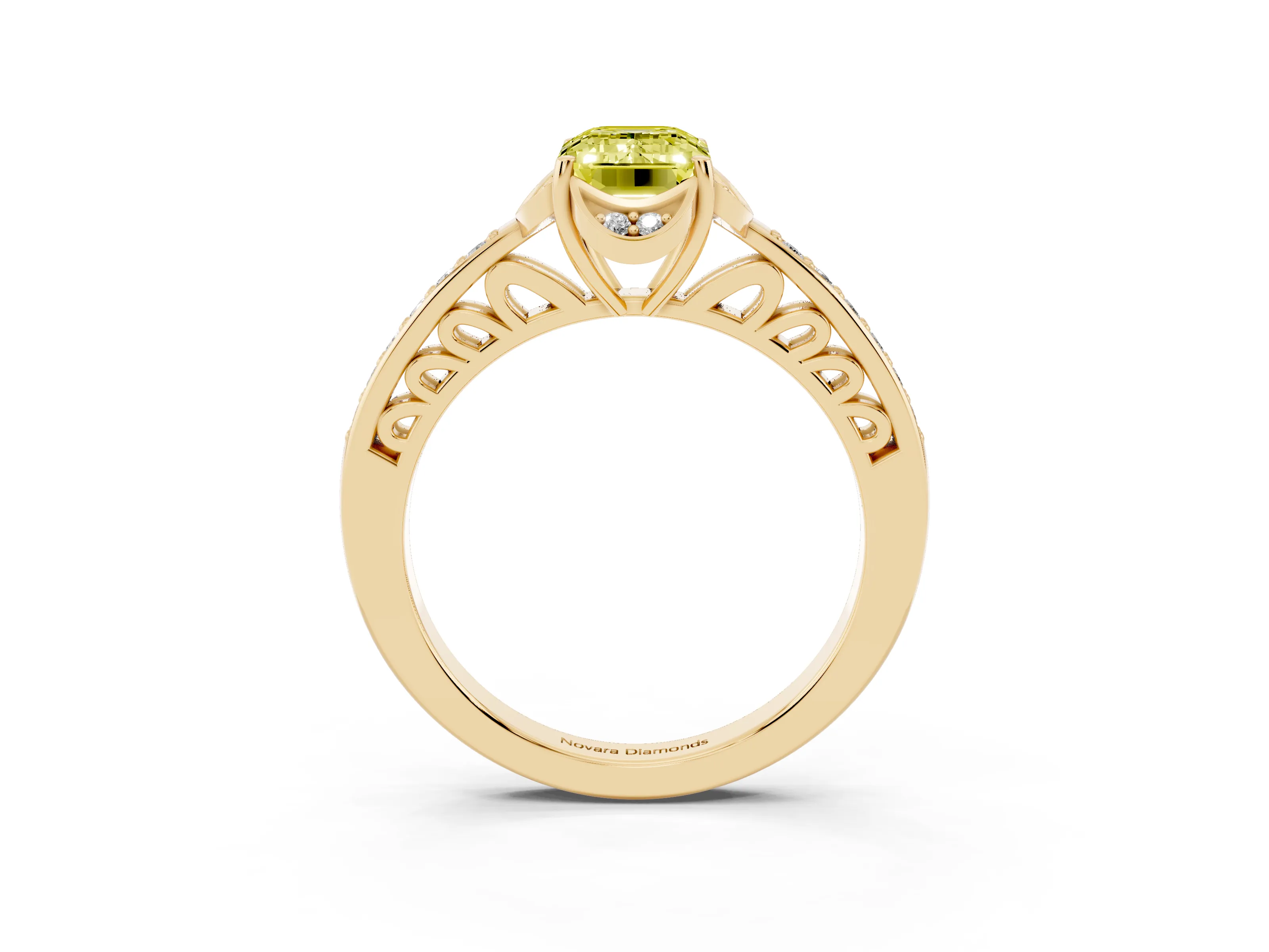 Fancy Yellow Emerald Cut Diamond Halo Ring Set in Yellow gold with Channel Set Band and Prong Setting