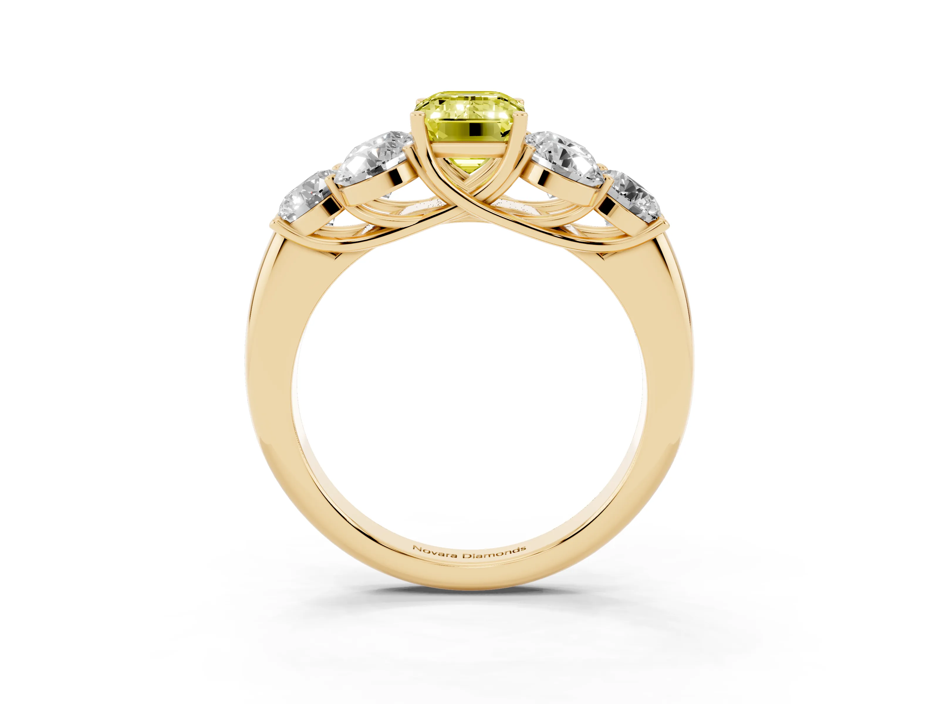 Fancy Yellow Emerald Cut Diamond Cluster Ring Set in Yellow gold with Round Accent Stones and Prong Setting on a Plain Band