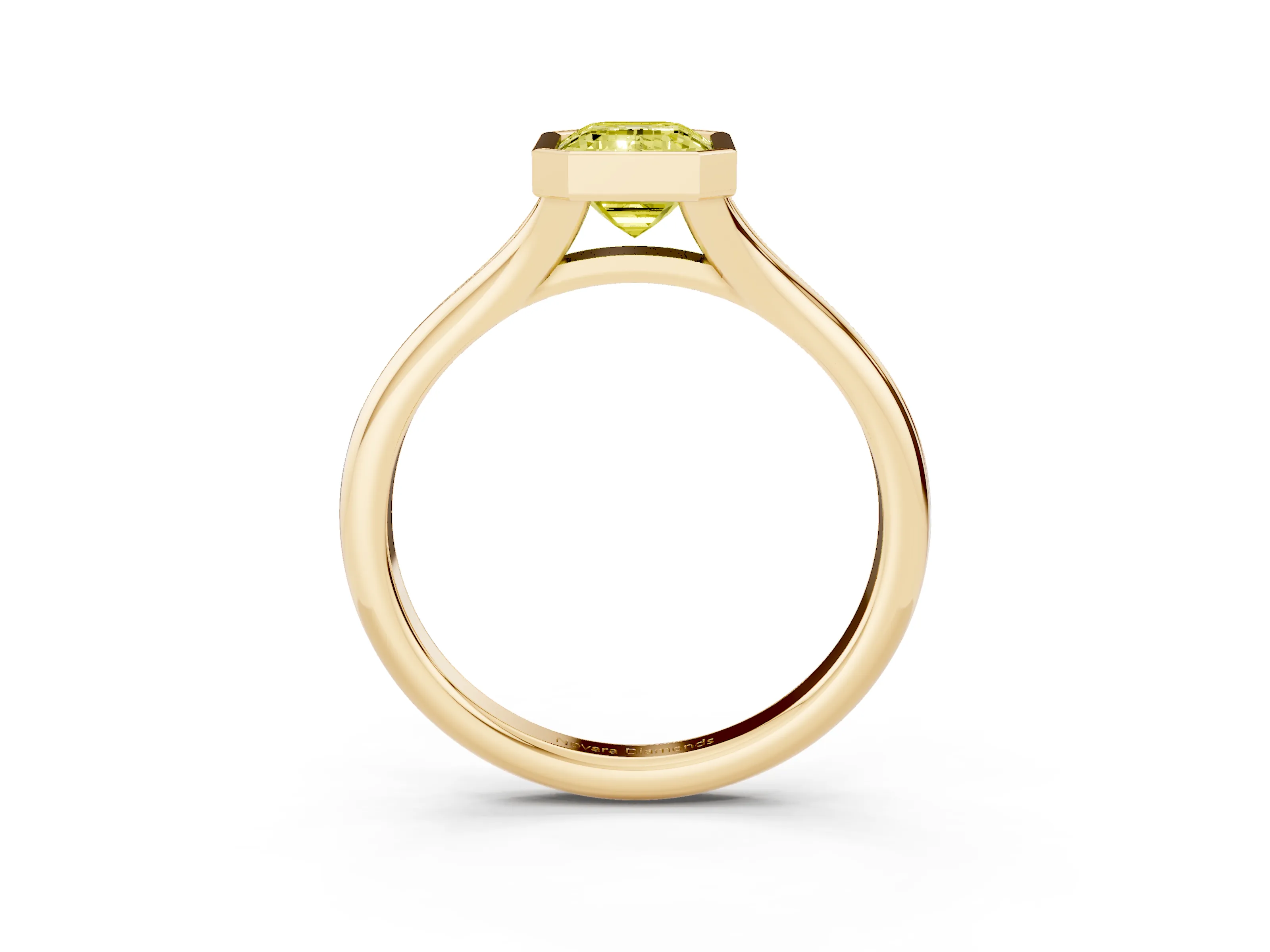 Fancy Yellow Bezel Set Emerald Cut Diamond Solitaire Ring Set in Yellow gold with Smooth Band
