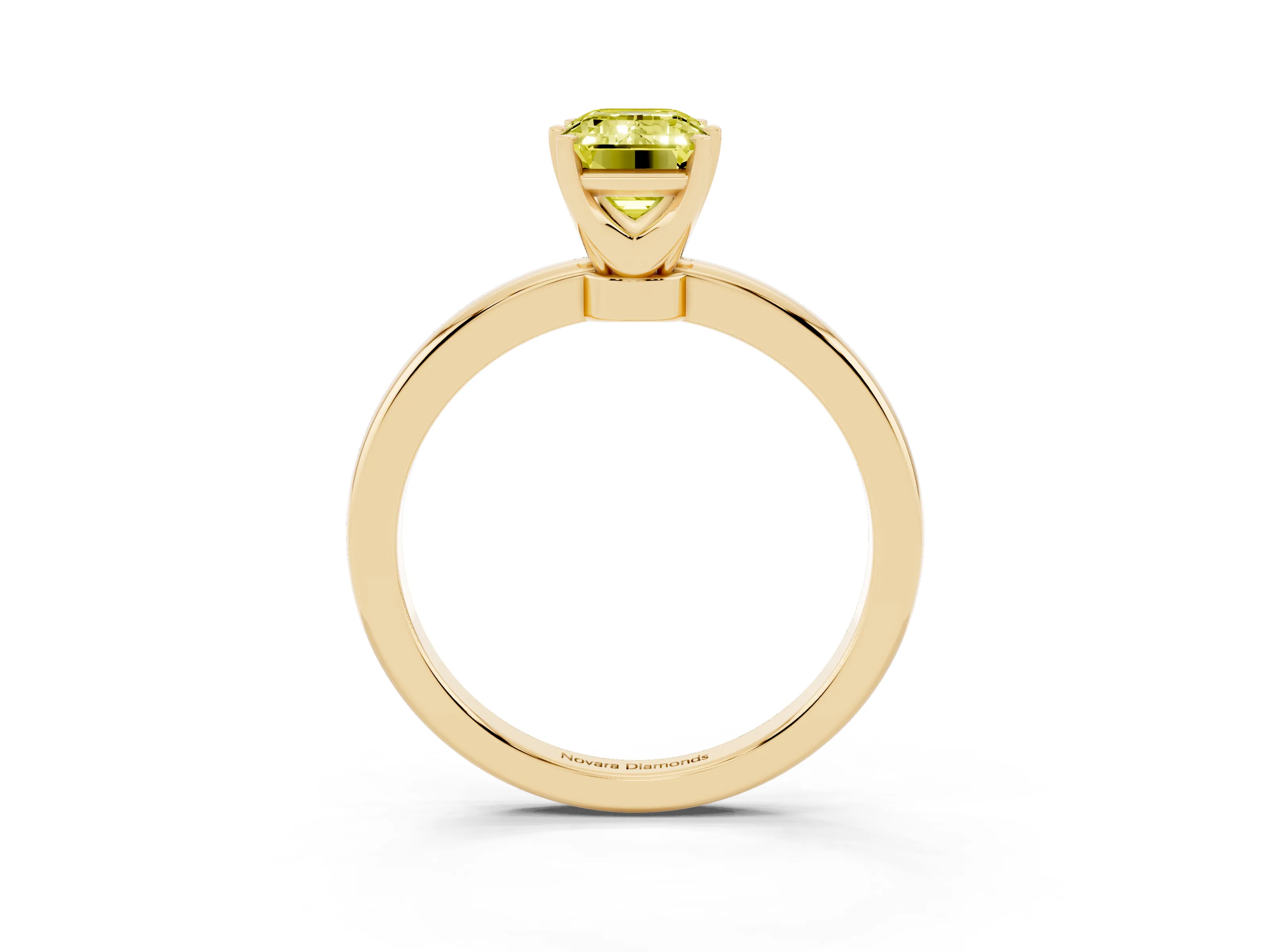 Fancy Yellow Emerald Cut Diamond Solitaire Ring Set in Yellow gold with Raised Prong Setting on a Classic Band