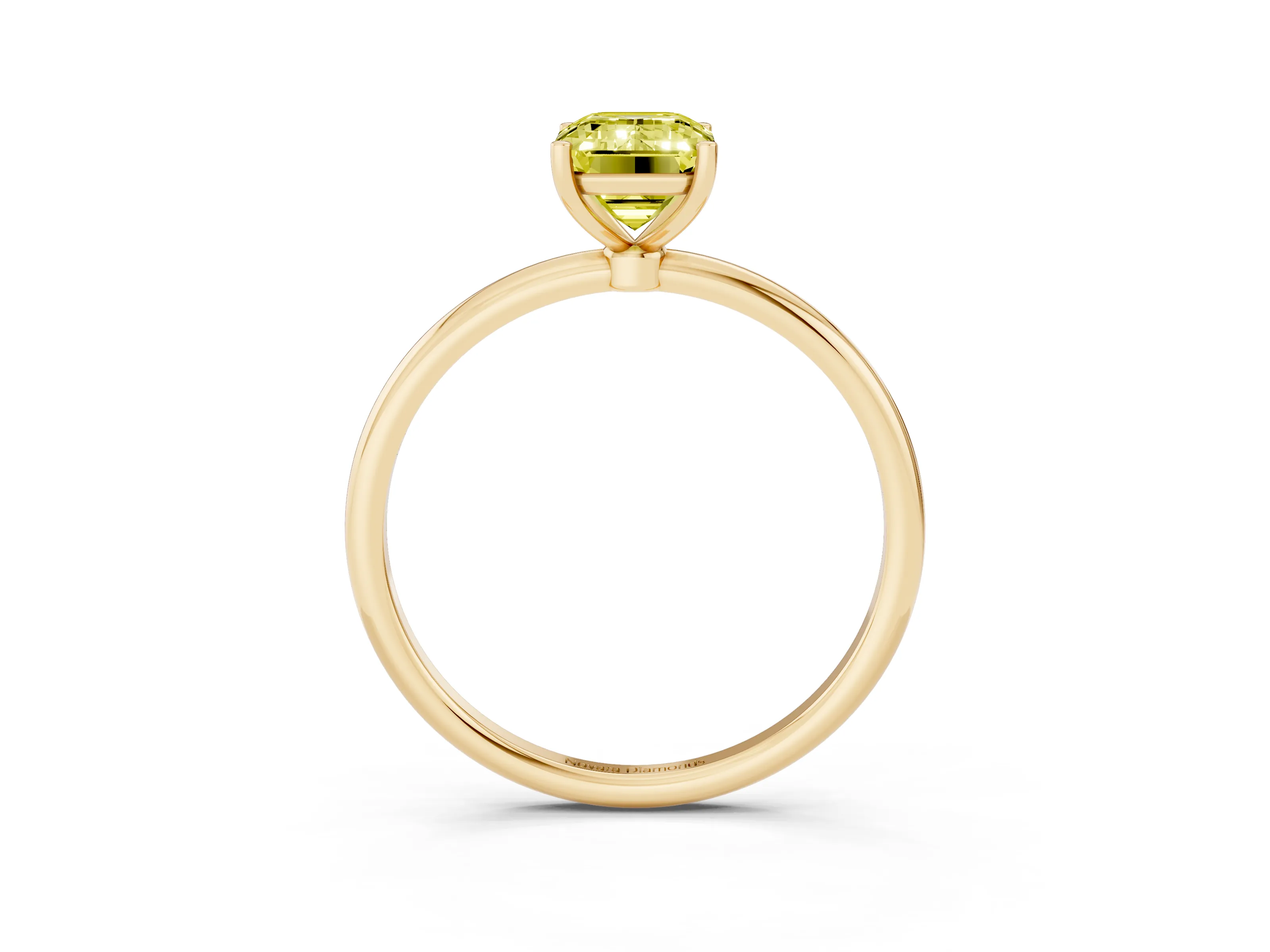 Fancy Yellow Emerald Cut Diamond Solitaire Engagement Ring Set in Yellow gold with Thin Band and Prong Setting